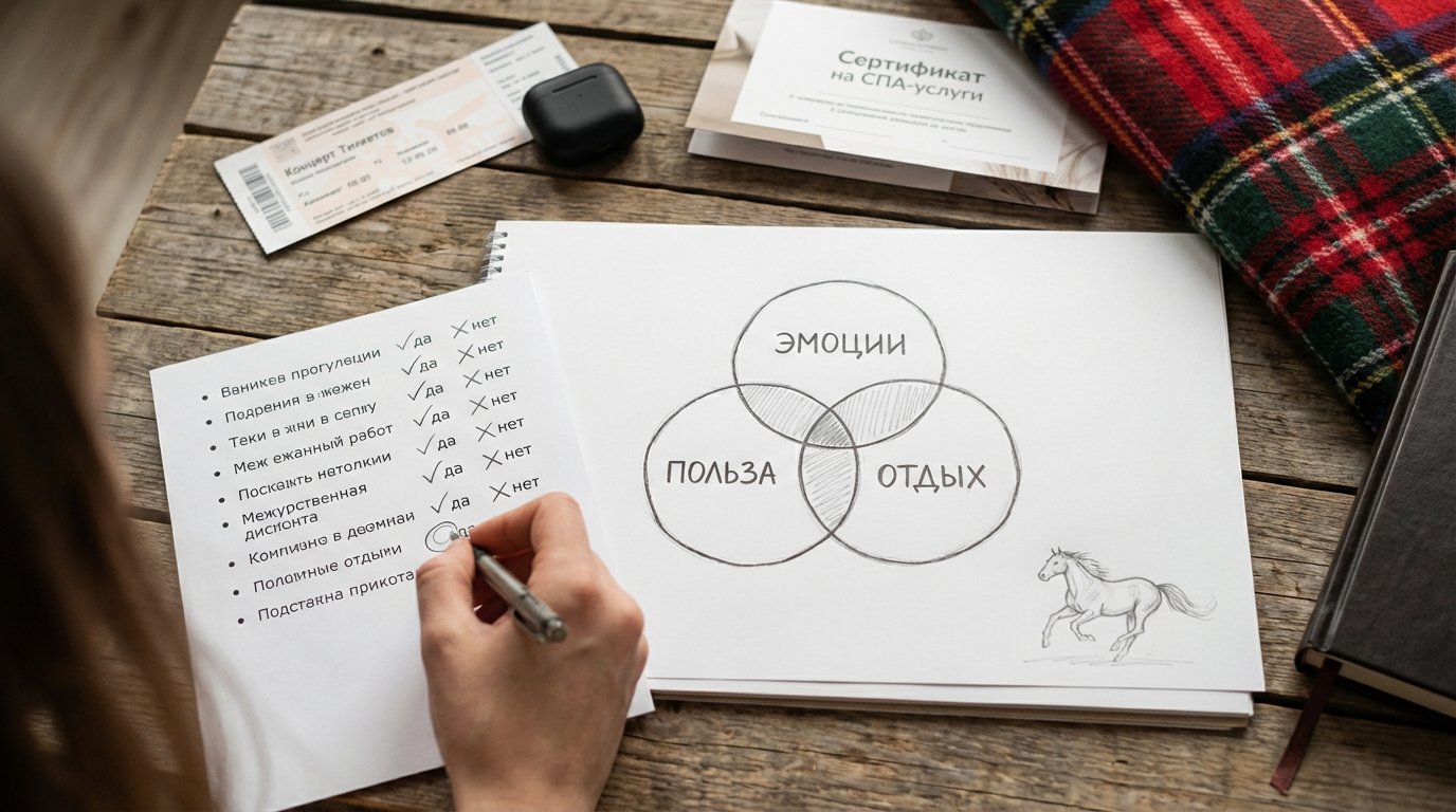 Композиция в виде визуального «развилки выбора»: на тёмном фоне стола лежит лист бумаги, разделённый на три колонки с крупными рукописными подписями «Эмоции», «Польза», «Отдых». В