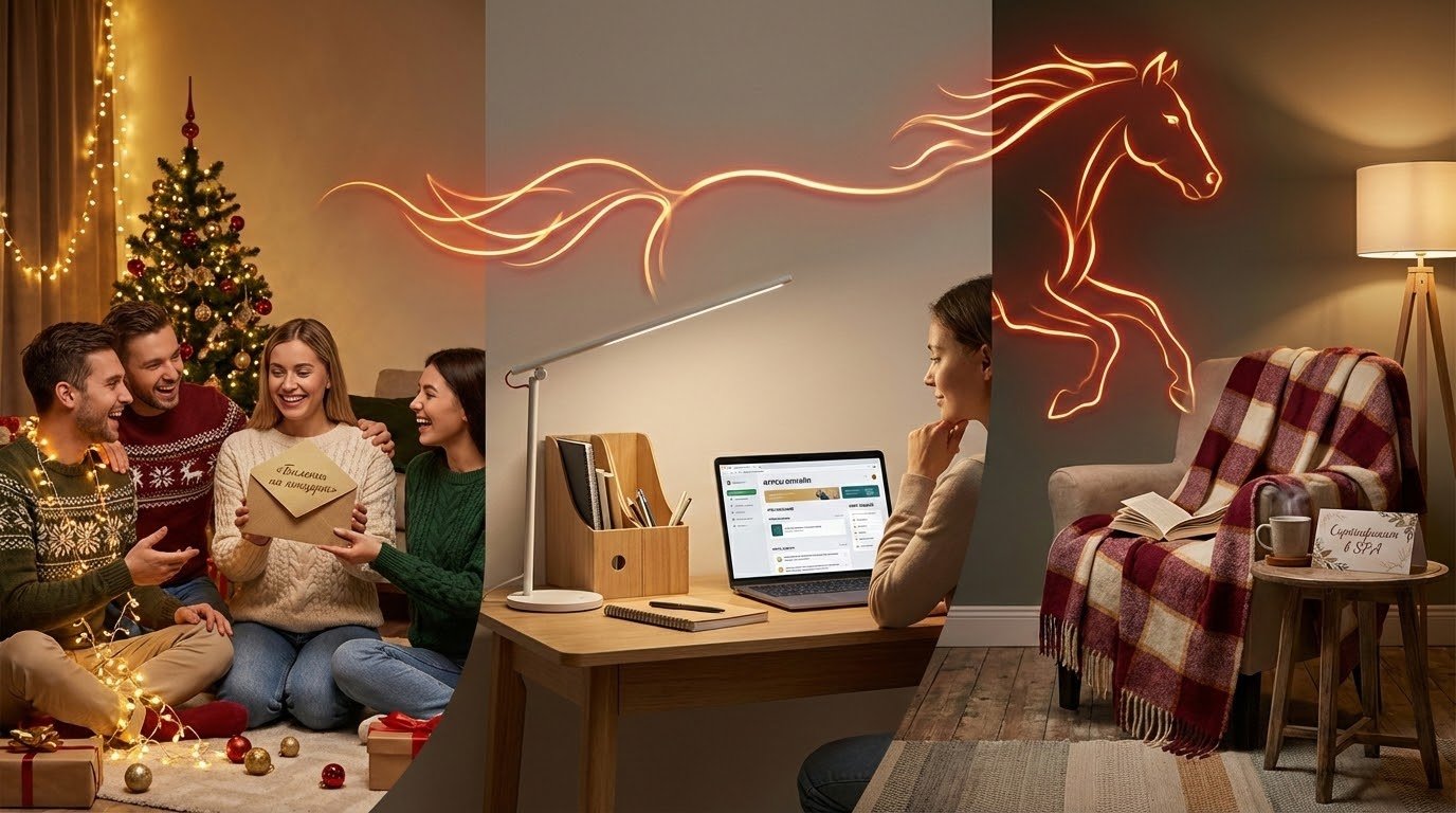 Крупный план рук, завязывающих широкую красную ленту на крафтовой коробке. На столе вокруг — обрезки однотонной бумаги, катушка шпагата, маленькие веточки хвои, наклейки и бирки с