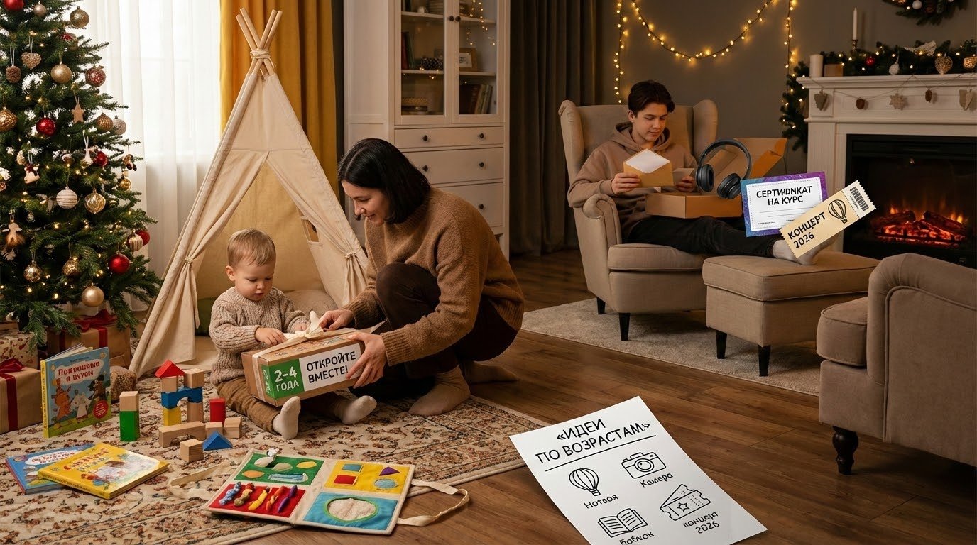 Вид сверху на деревянный стол в тёплых тонах: слева лежит открытый блокнот с рукописным списком имён и идей подарков, рядом — ручка, кружка с горячим напитком и веточка хвои