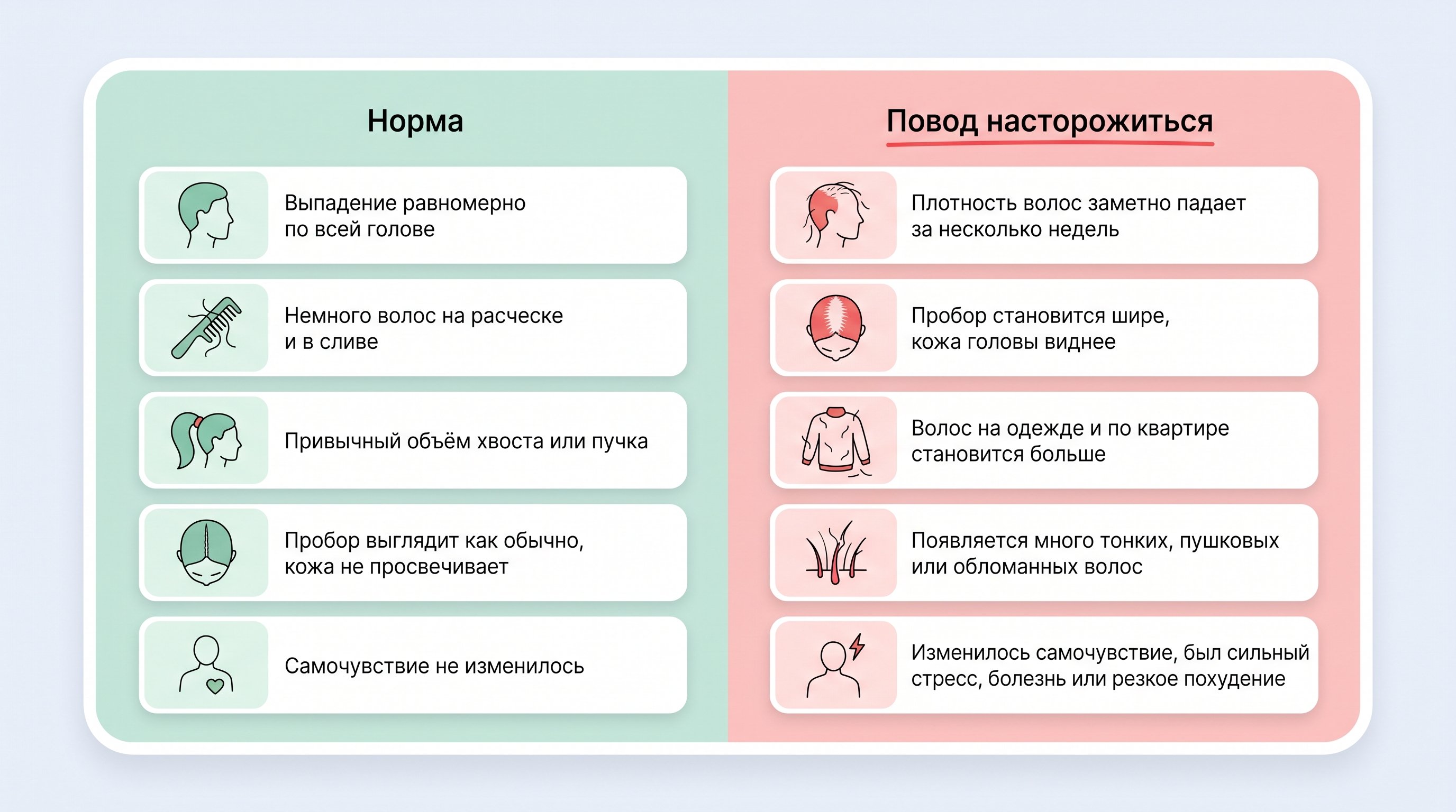 Женщина стоит у умывальника в ванной и внимательно рассматривает несколько выпавших волос на открытой ладони. На краю раковины лежит расческа с небольшим количеством волос, в