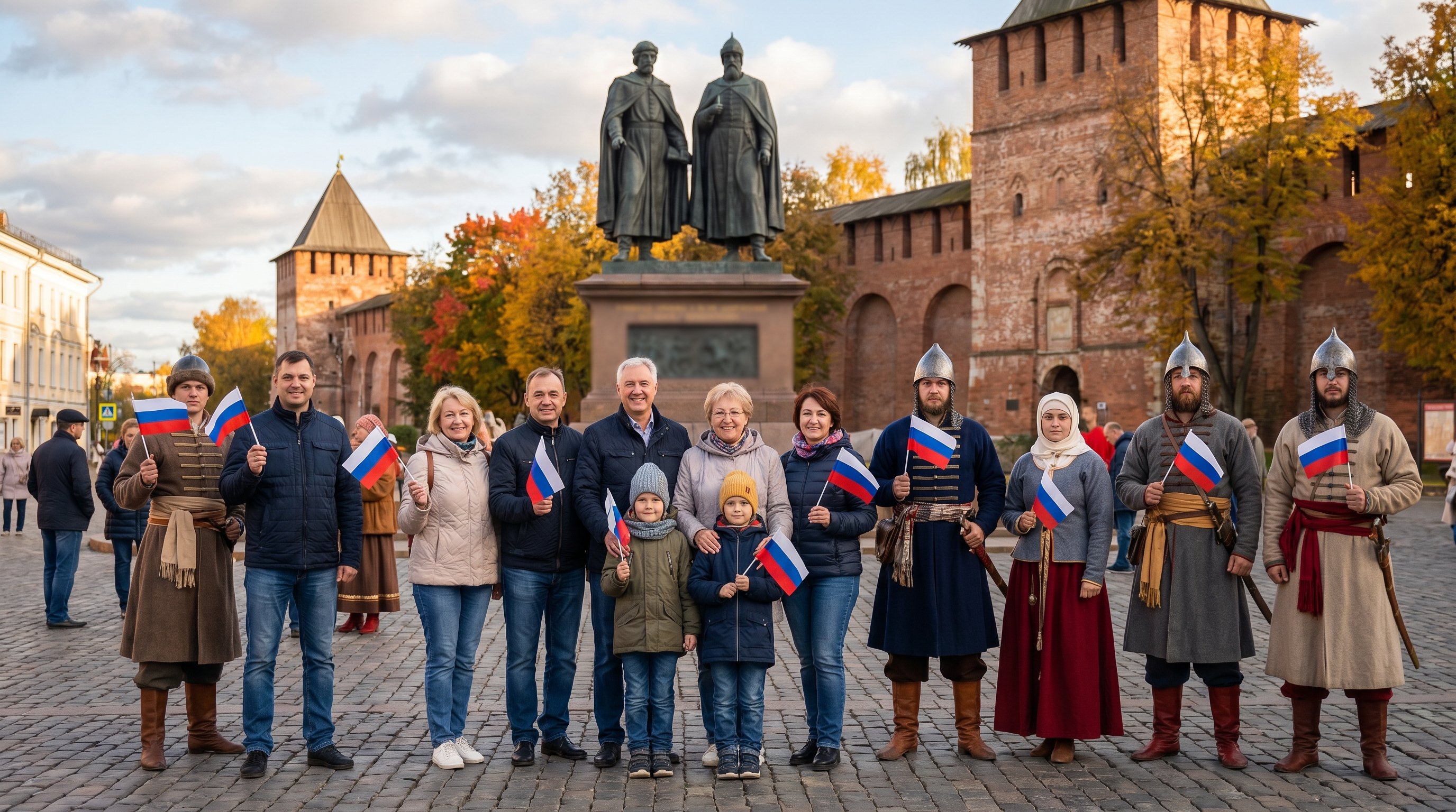 Осенний день в центре российского города: на переднем плане семья и группа людей разного возраста и национальностей с небольшими флажками России и в исторических и современных