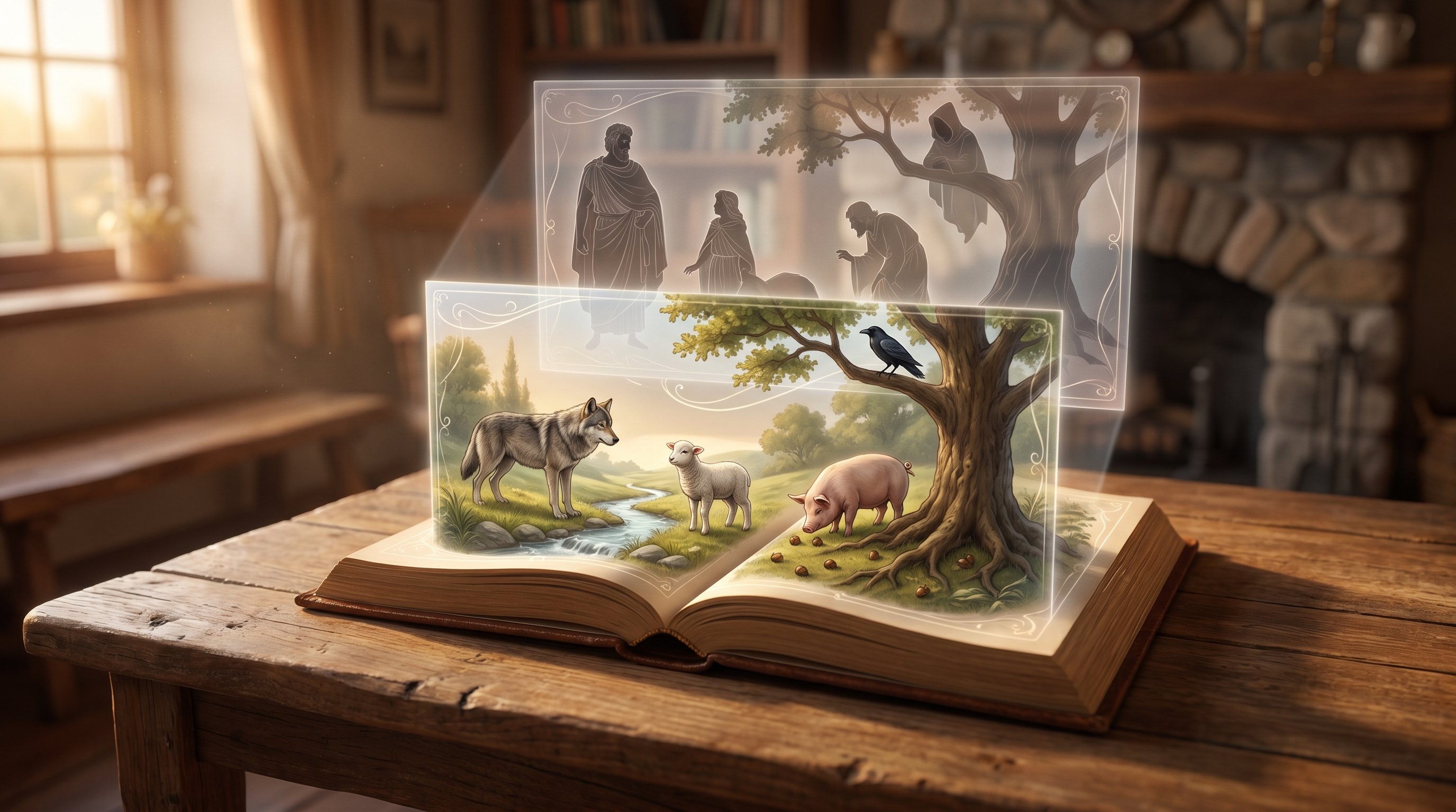 Интерьер: стол, на котором лежит открытая книга-сказка. Из книги выходят две параллельные сцены, словно в виде прозрачных слоёв. Нижний слой — буквальная история: у лесного ручья
