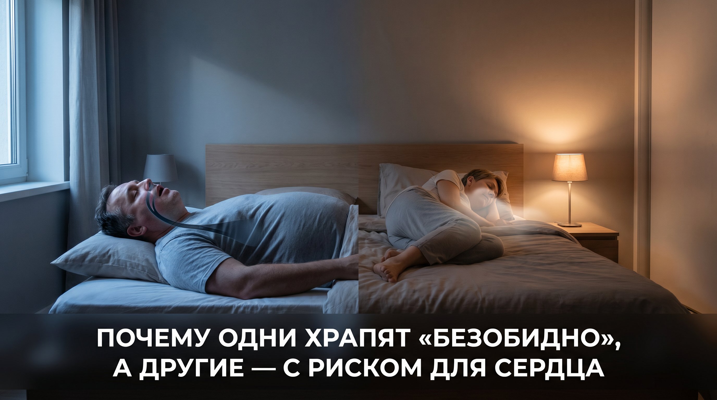 Ночная спальня, на переднем плане двуспальная кровать, на которой лежат два человека. Слева — мужчина среднего возраста с лишним весом, спящий на спине, его рот приоткрыт, голова