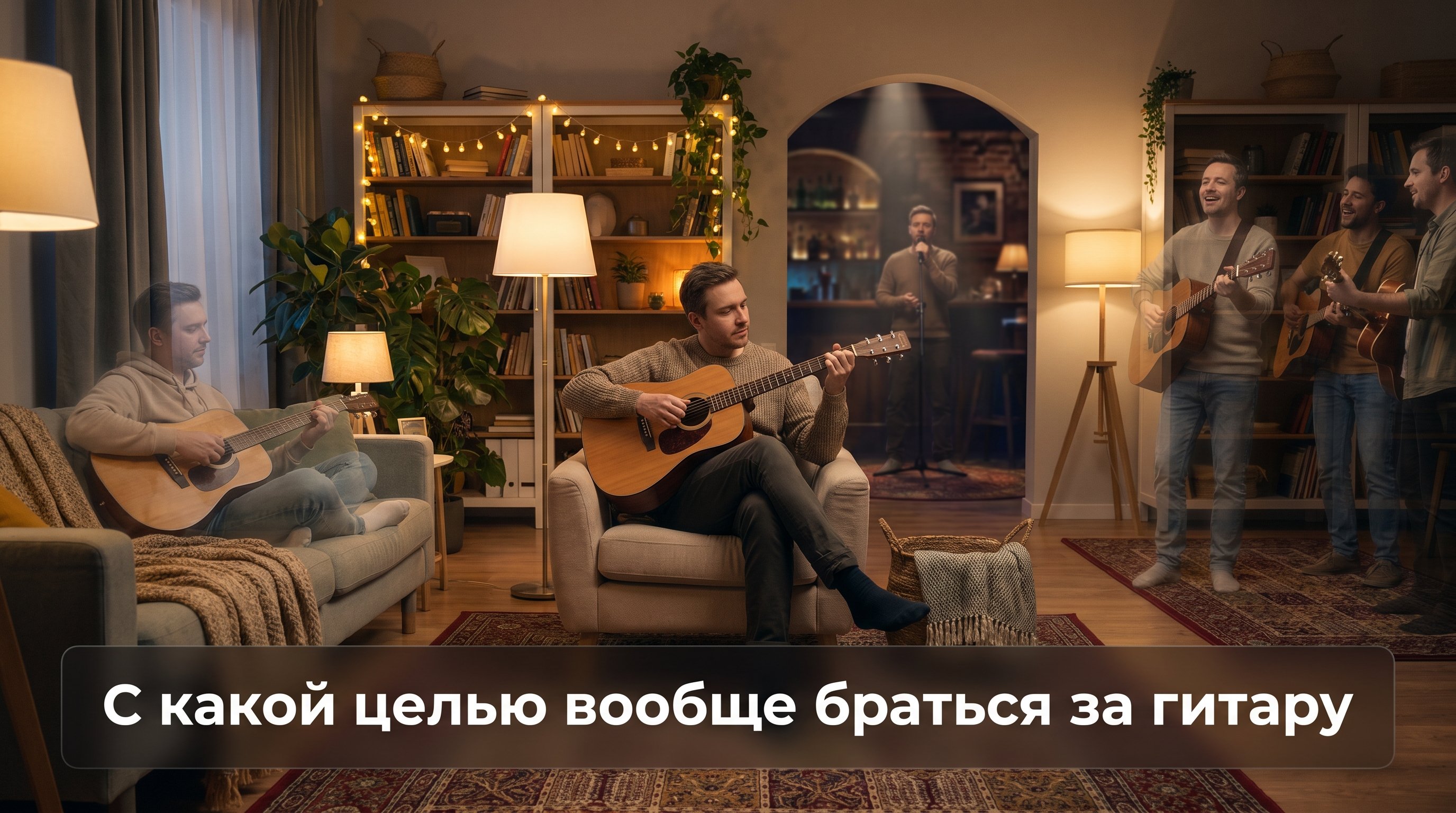 Современная уютная гостиная вечером. В центре сидит взрослый человек с акустической гитарой на коленях, вокруг него три разные «версии» его самого полупрозрачно, как варианты