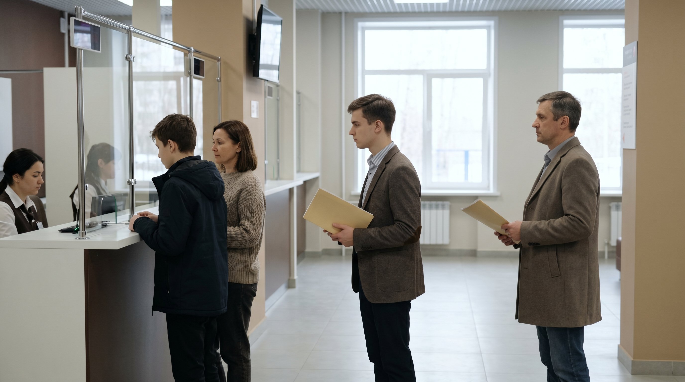Три человека разных возрастов стоят в очереди у окошка МФЦ: подросток около 14 лет с родителем, молодой взрослый около 20 лет и зрелый человек около 45 лет. У каждого в руках