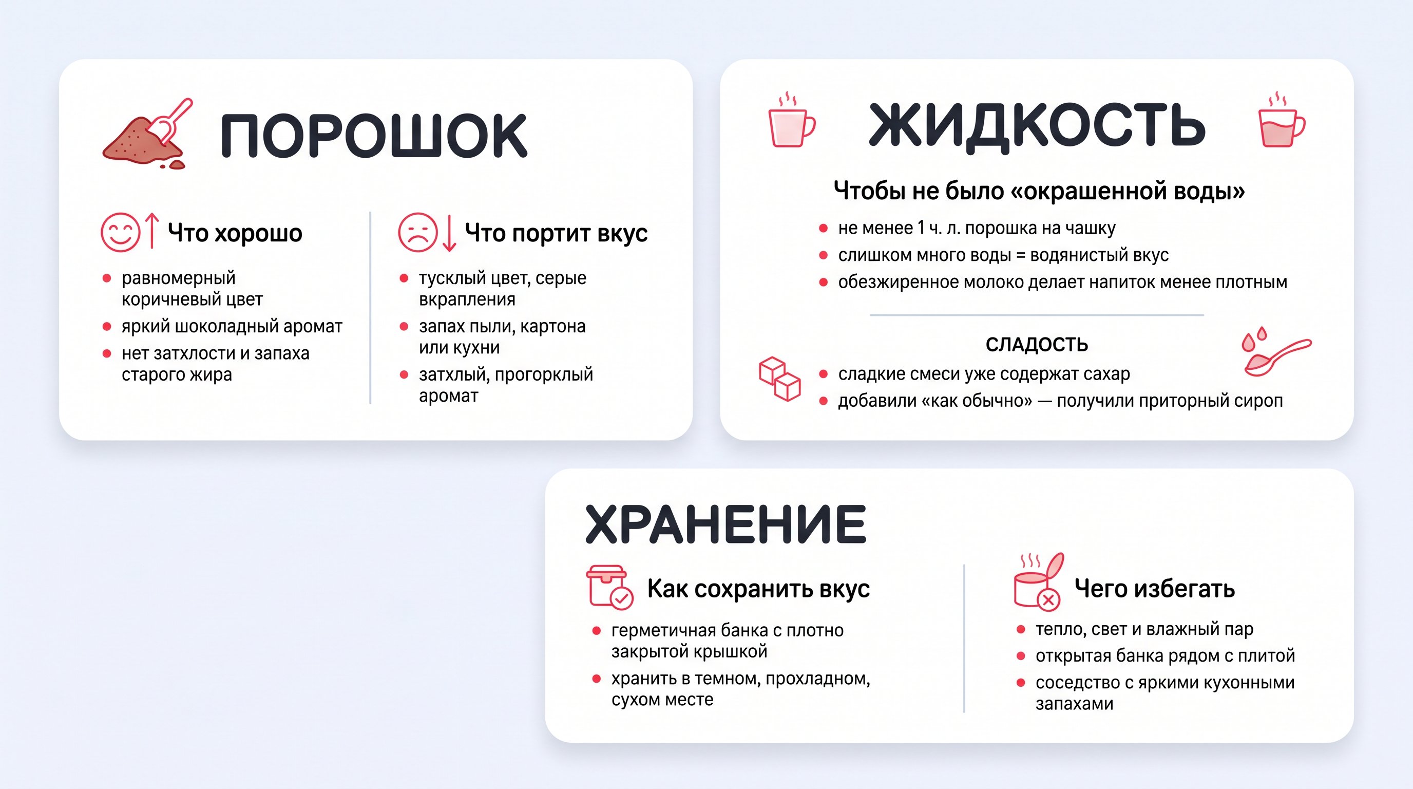 Стол на кухне с рассыпанными на белом листе несколькими видами какао-порошка: слева светлый и рыхлый с заметными серыми вкраплениями, справа более тёмный, равномерно коричневый