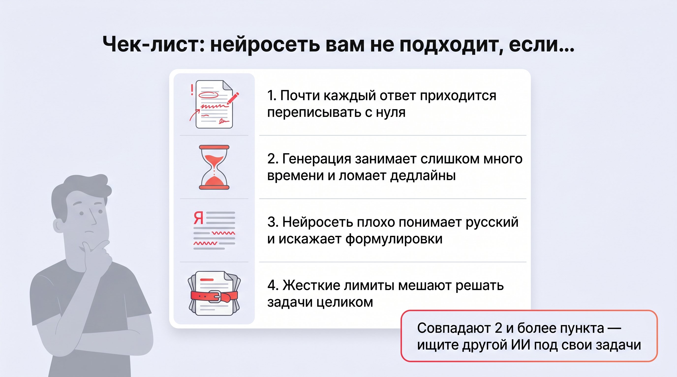 Современный рабочий стол в нейтральных тонах: человек в повседневной одежде сидит за столом и жестикулирует рукой, как будто одновременно выбирает между несколькими вариантами