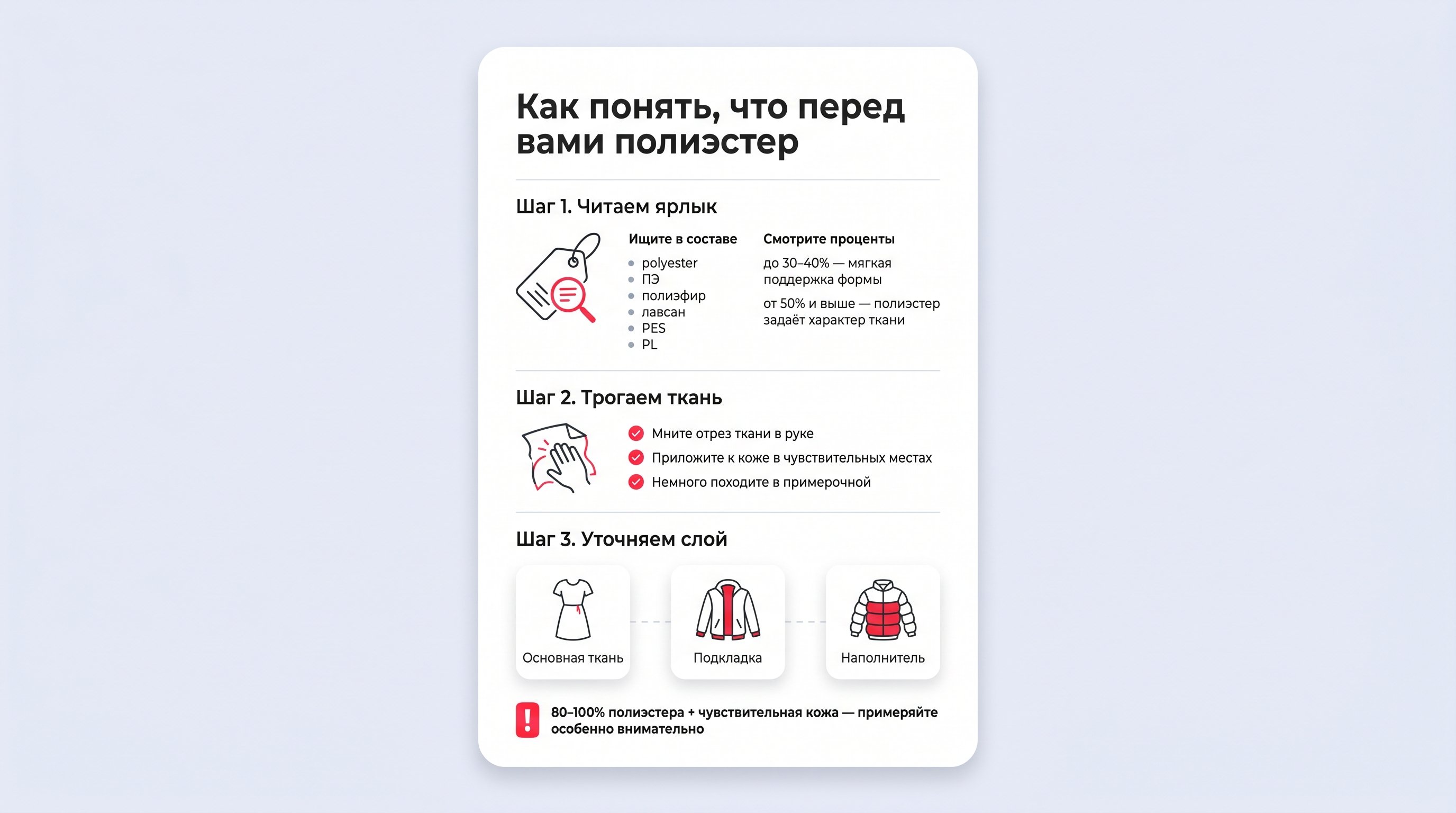 Женские руки держат три бирки с составом ткани на светлом фоне. На одной бирке виден мягкий светлый хлопковый свитер, на другой — более плотная подкладочная ткань пиджака, на