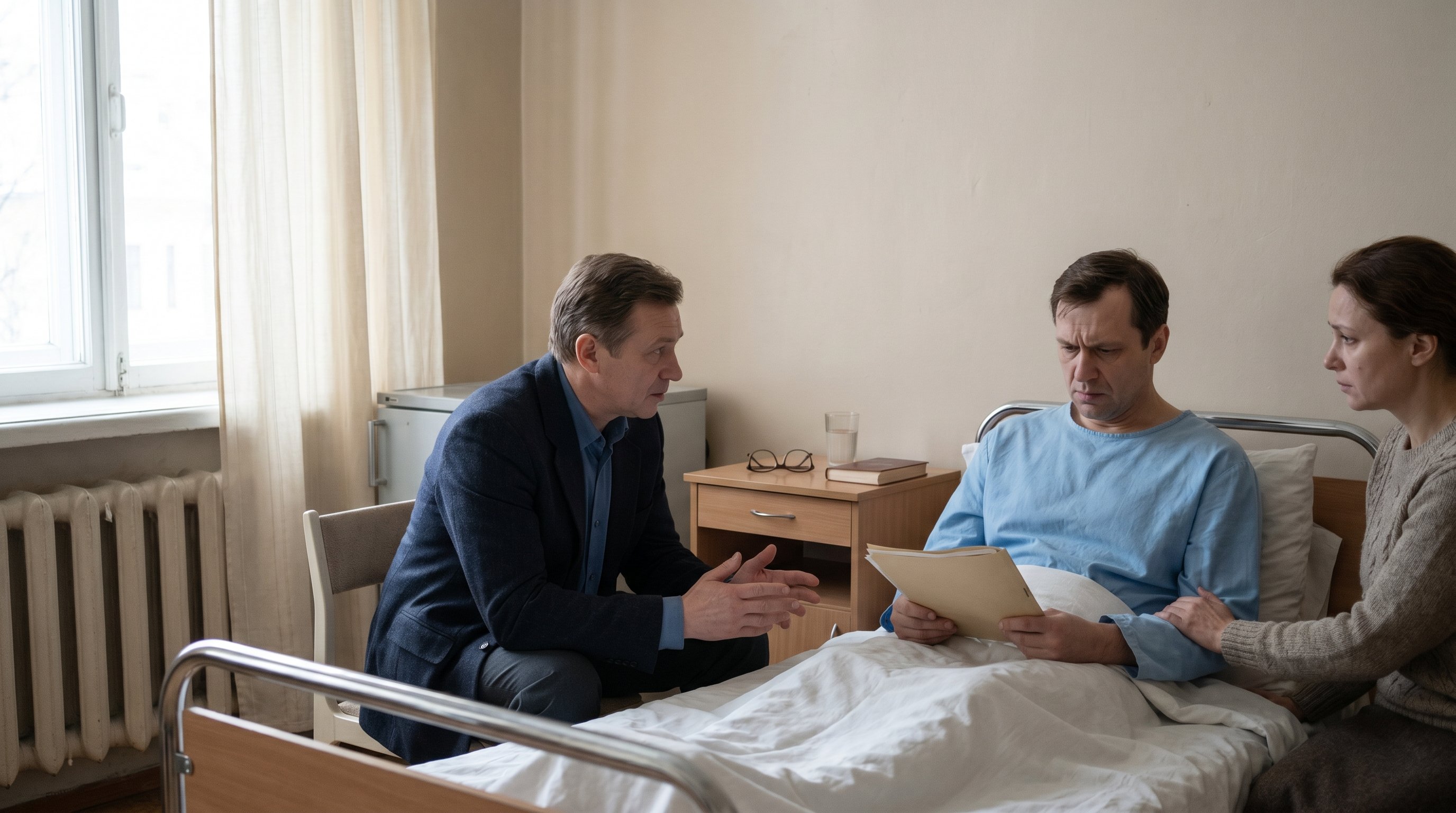 Спокойная палата позднего советского или универсального больничного стиля: у окна сидит врач средних лет на стуле, слегка наклонившись к пациенту на кровати; пациент в больничной