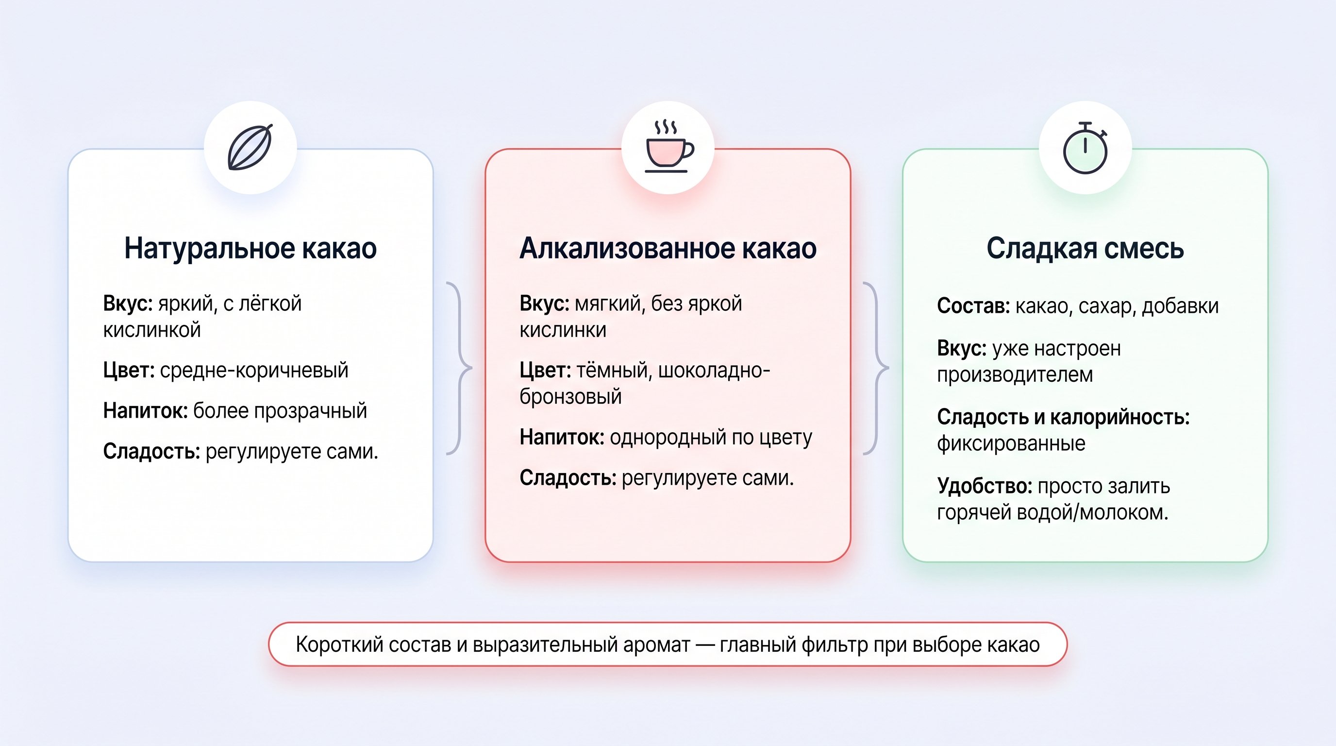 Горизонтально разделённая инфографика, где на трёх карточках сравниваются «Натуральное какао», «Алкализованное какао» и «Сладкая смесь»: у каждой небольшой рисунок чашки какао
