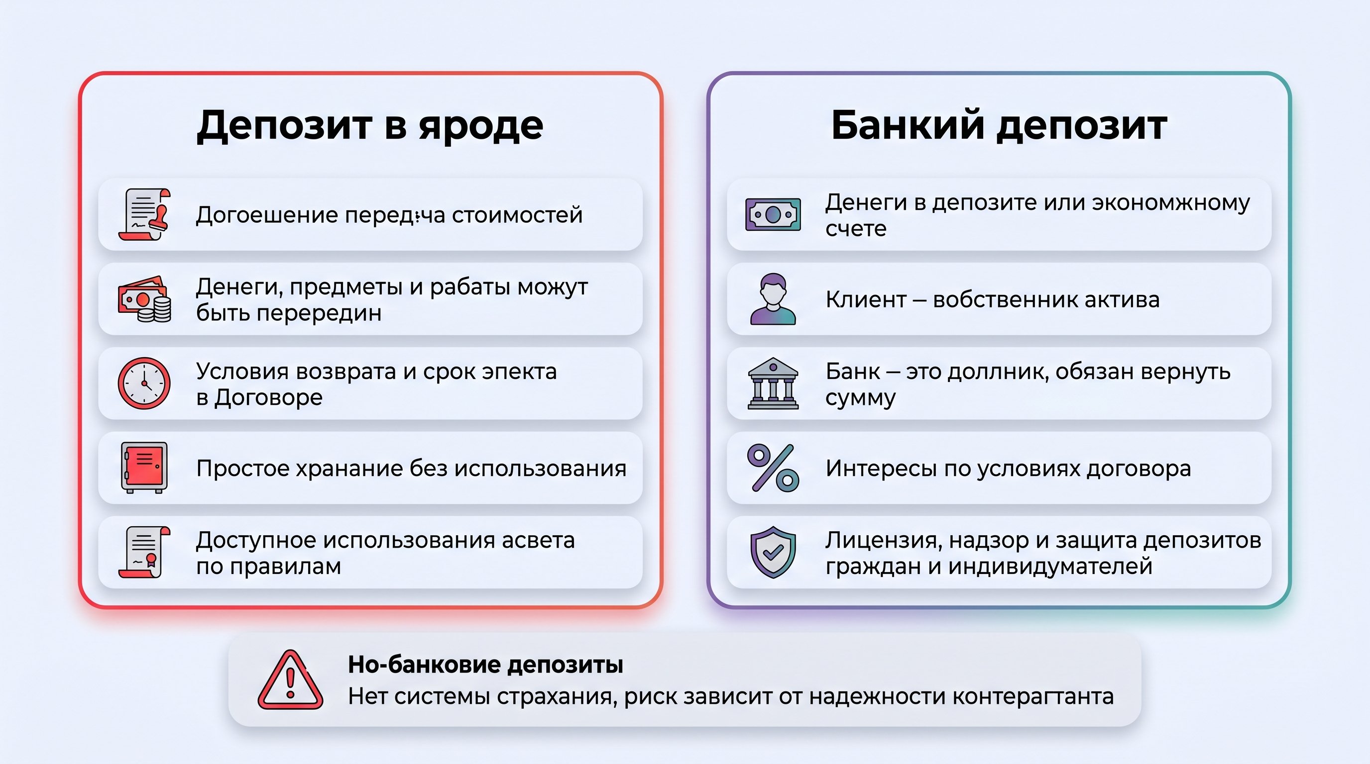 Горизонтальная сравнительная схема из двух колонок с иконками: слева — «депозит в праве» (договор, вещи/деньги/бумаги, условия возврата, возможность или запрет использования)