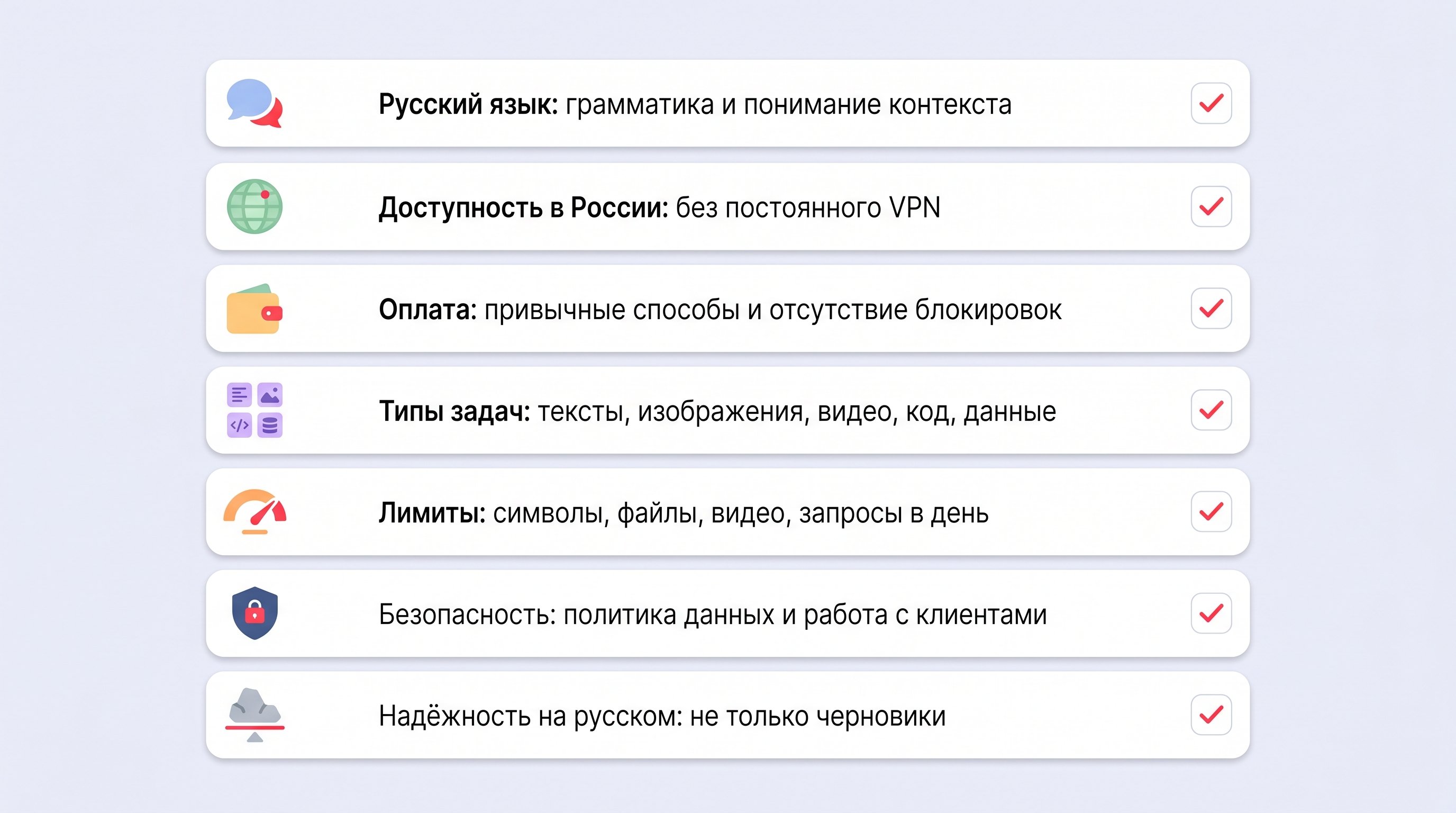 Вертикальный чек‑лист в виде аккуратных карточек с иконками: каждая карточка — отдельный критерий выбора нейросети для повседневных задач. Слева от текста маленькая цветная