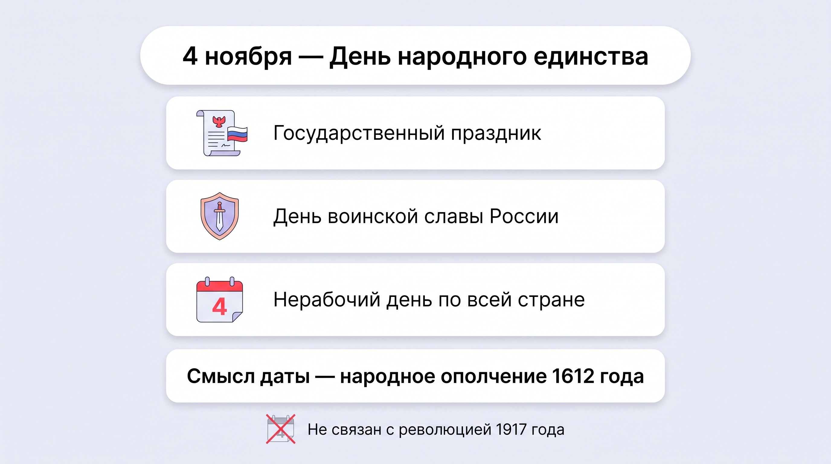 Чистая горизонтальная инфографика с тремя крупными блоками и короткими подписями, а ниже — небольшая строка про официальный статус праздника