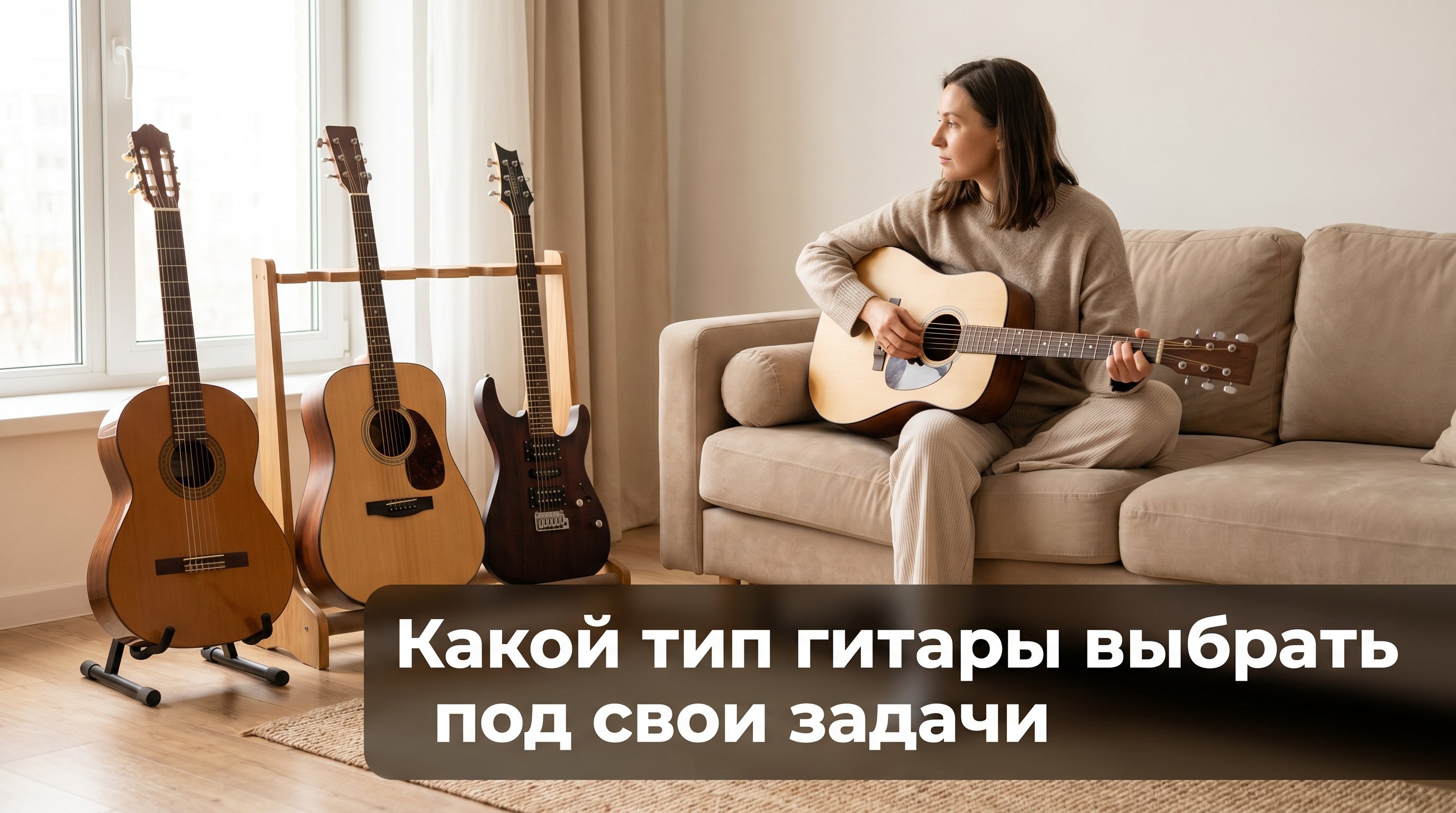 Фотореалистичная hero-сцена к разделу «Какой тип гитары выбрать под свои задачи», передающая его суть через визуальную метафору или прямой показ. БЕЗ каких-либо надписей и текста