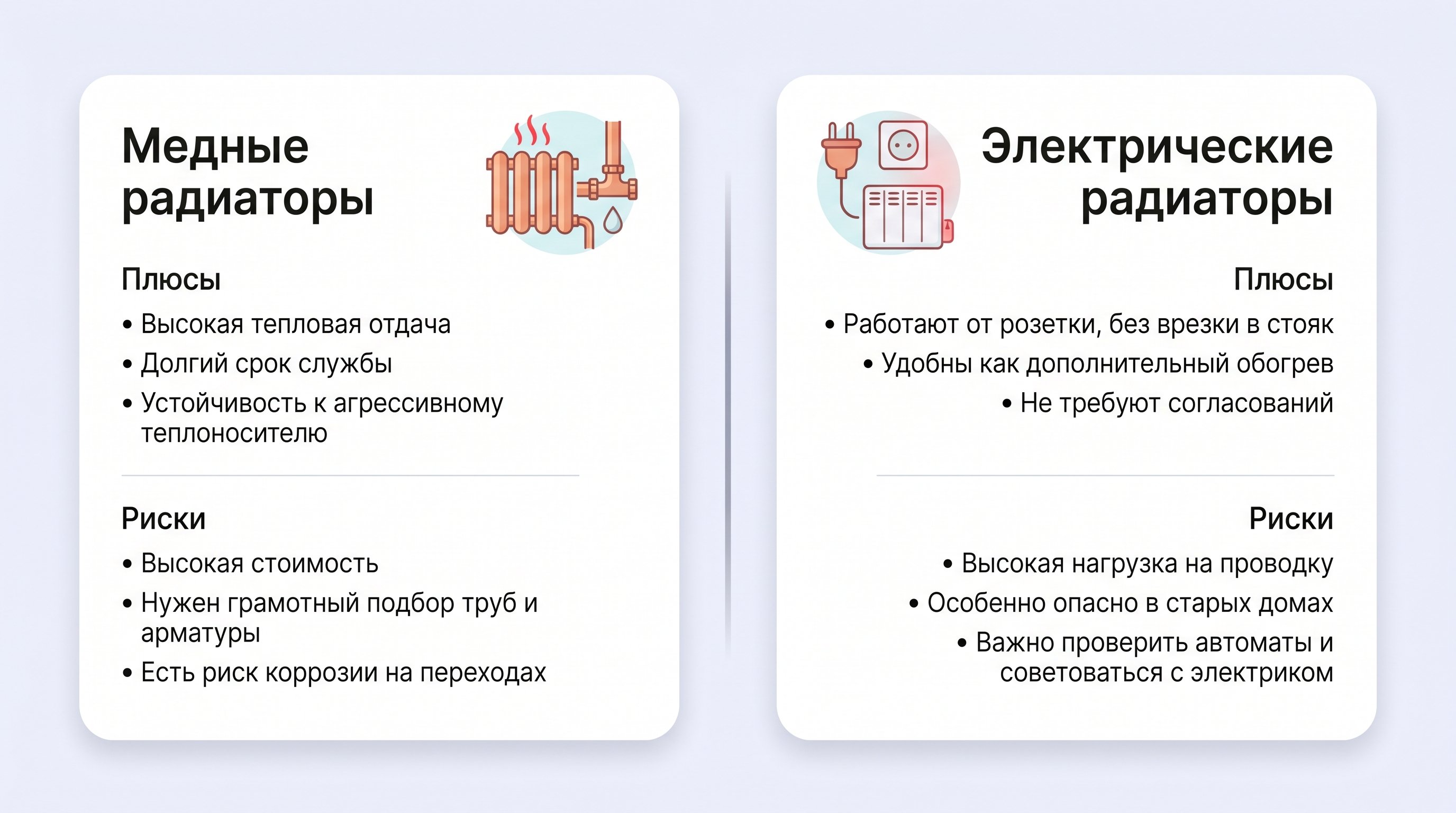 Горизонтально разделенный экран: слева блок «медный радиатор», справа блок «электрический радиатор». У каждого — простые иконки: для медного — значок трубы и капли/радиатор, для