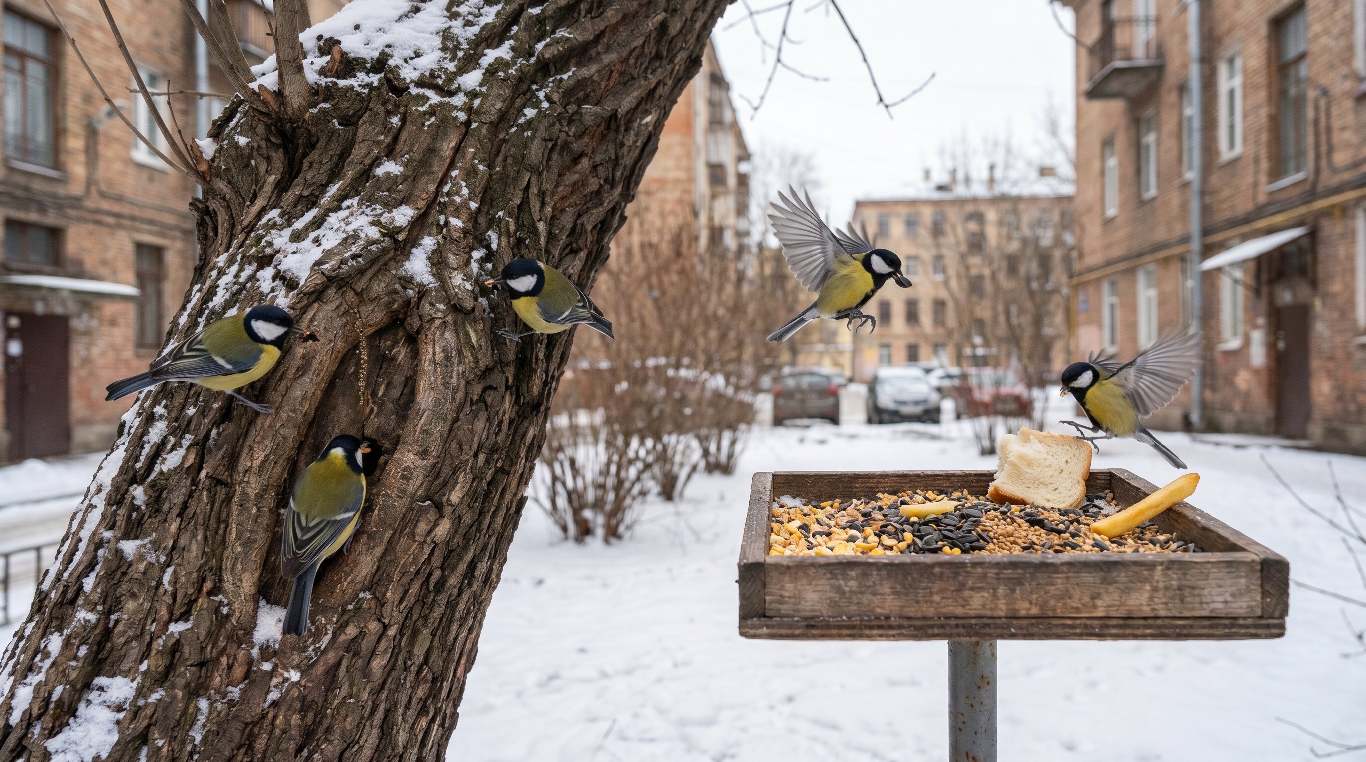 Зимний городской двор с тонким слоем снега: слева старое дерево, на его стволе синица цепляется за кору и выдёргивает маленького жука, рядом видны другие птицы, обыскивающие