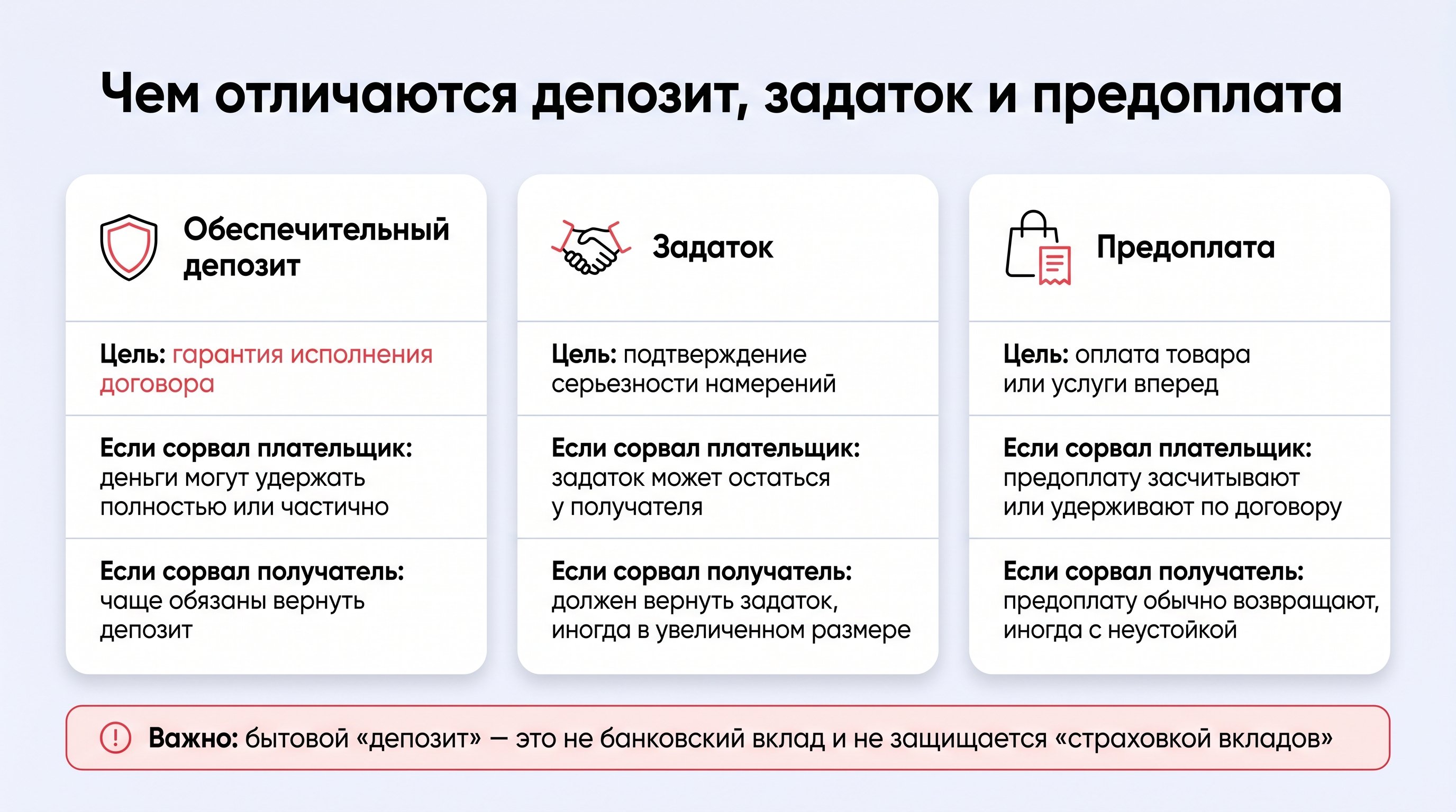 Горизонтально разделенная схема на три колонки с подписями «Обеспечительный депозит», «Задаток» и «Предоплата». В каждой колонке по три строки: цель, что происходит, если сорвал