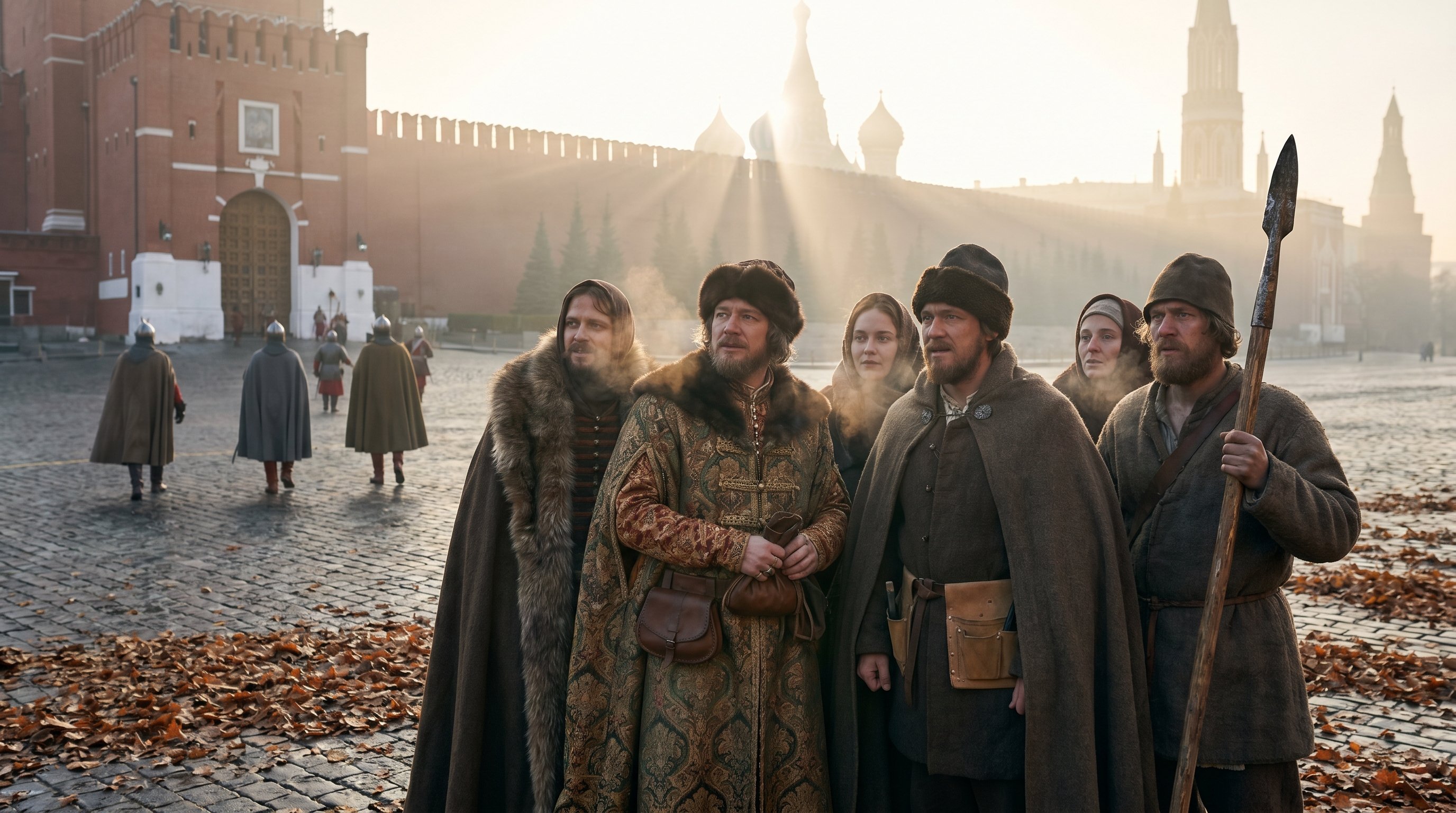 Сценическая, но достаточно реалистичная историческая иллюстрация: осень 1612 года, рассвет над московским Кремлём. На переднем плане — смешанная группа людей разных сословий