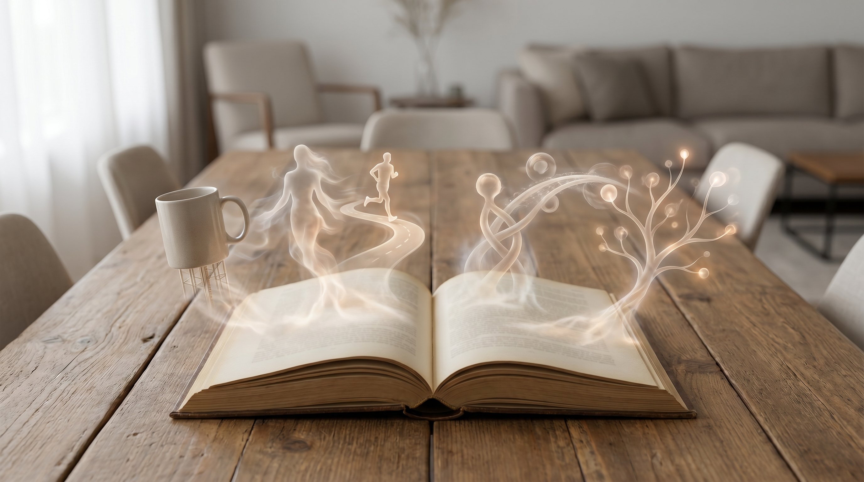 На длинном столе лежит открытая книга, из которой в виде полупрозрачных фигур выходят разные типы метафор как персонажи: спокойный «нормальный» предмет с подпорками, напоминающий