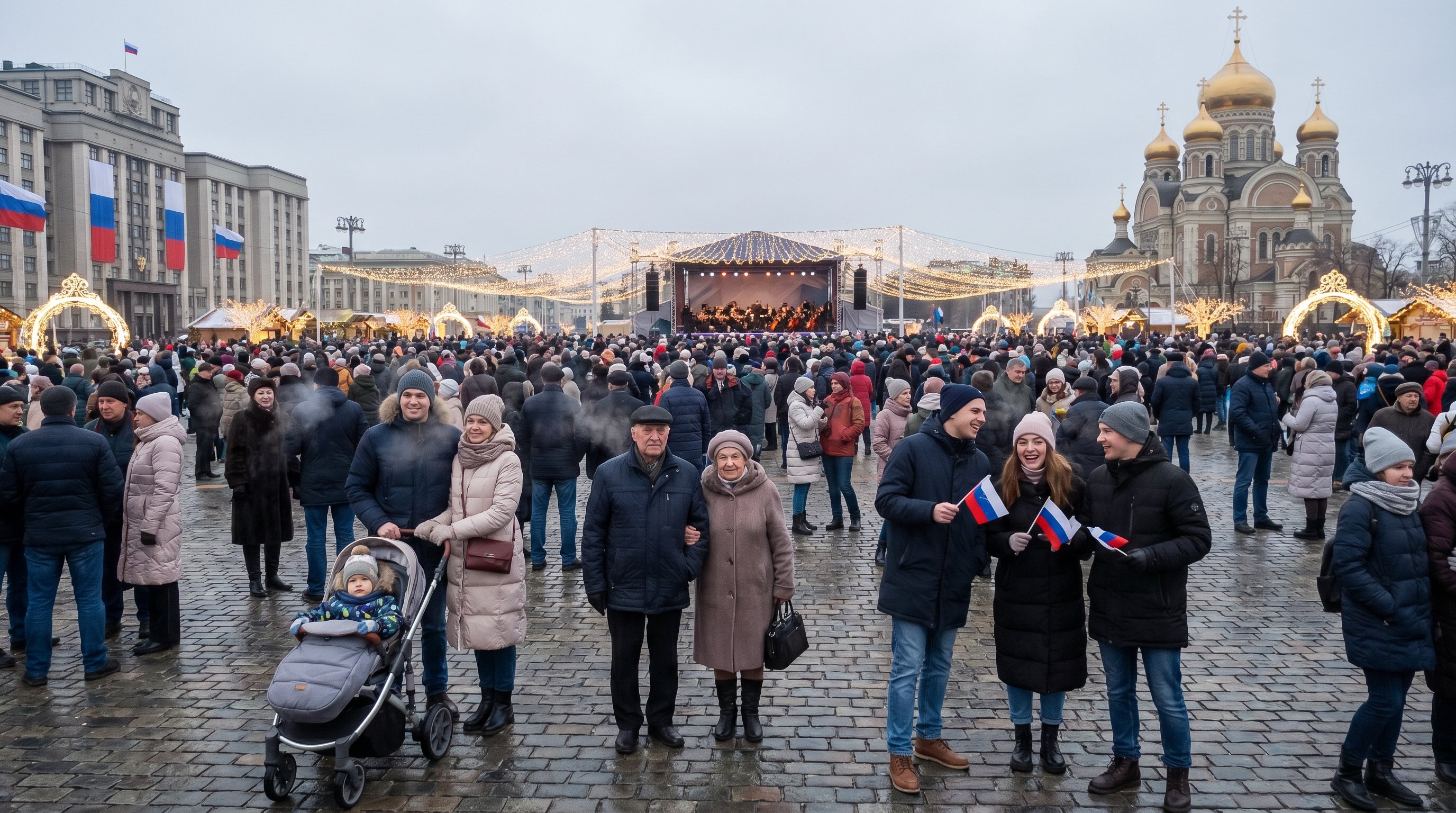 Современная городская площадь поздней осенью 4 ноября: в центре — разношёрстная толпа людей с флажками России, семья с ребёнком в коляске, рядом пожилые люди, молодёжь. На заднем