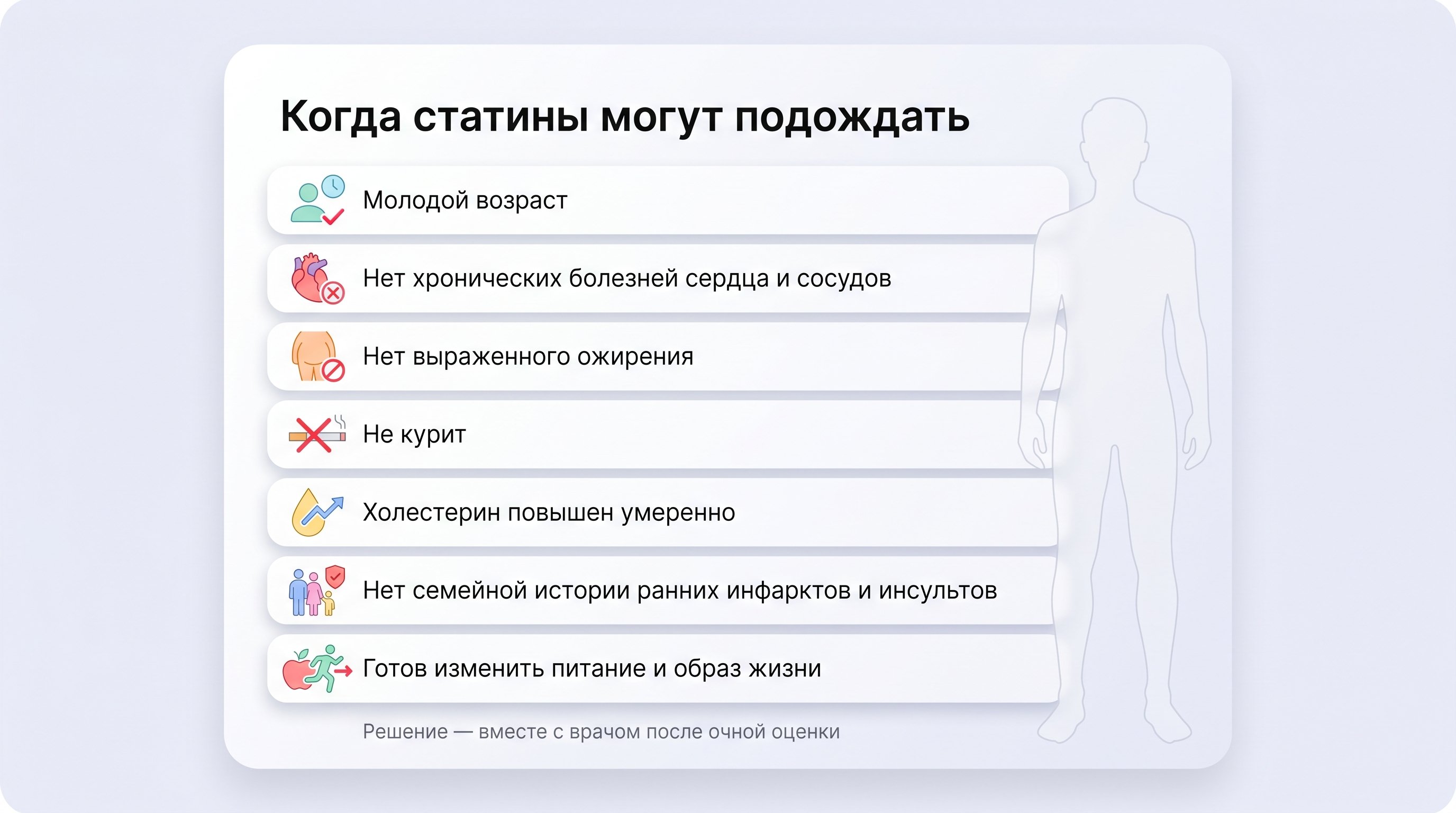Вертикальный чек‑лист «Когда статины могут подождать» с простыми иконками рядом с пунктами, на фоне условного силуэта молодого человека без признаков болезни