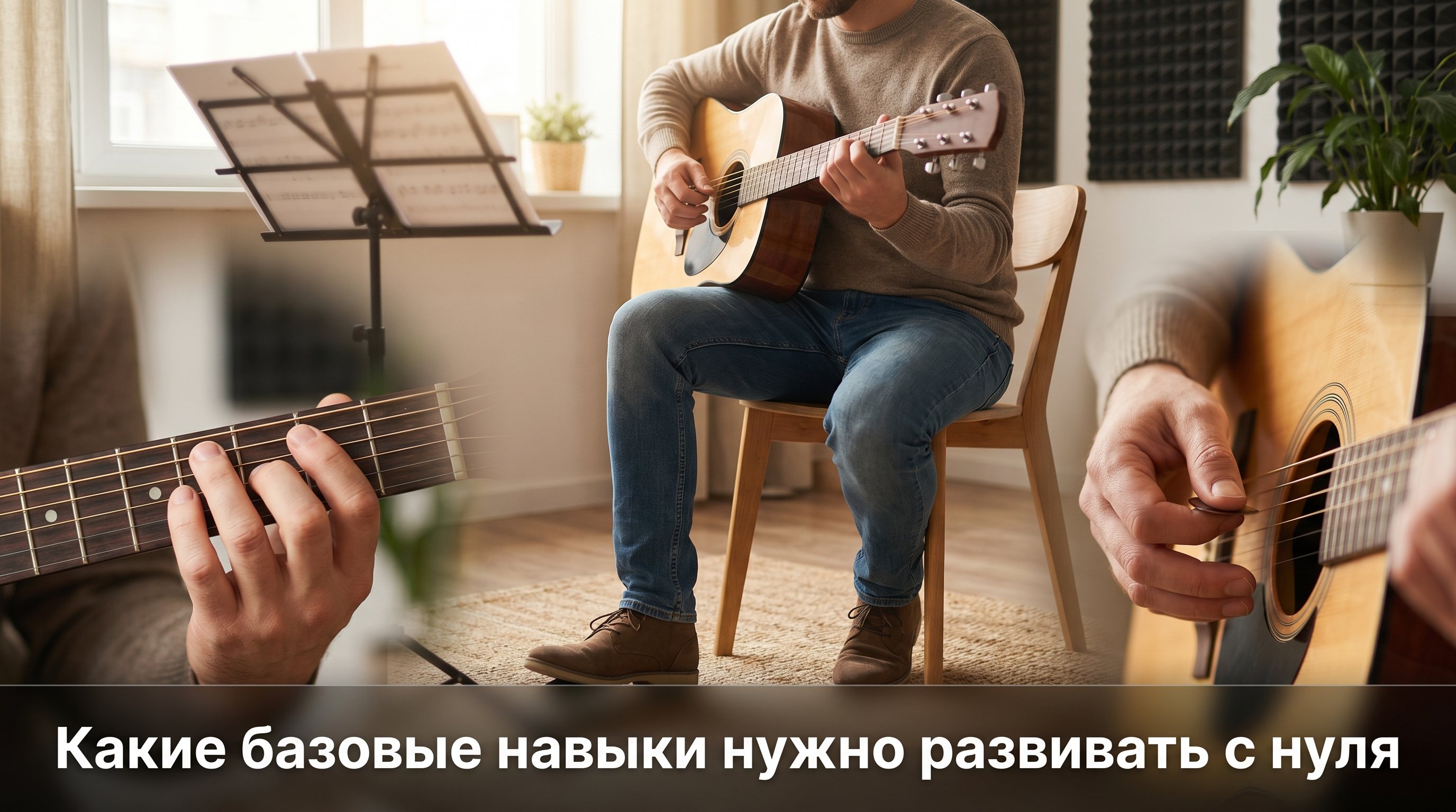 Комната для занятий: начинающий гитарист сидит на стуле с акустической гитарой, вокруг него как бы полукругом расположены четыре крупные «зоны внимания». В одной зоне — его правая