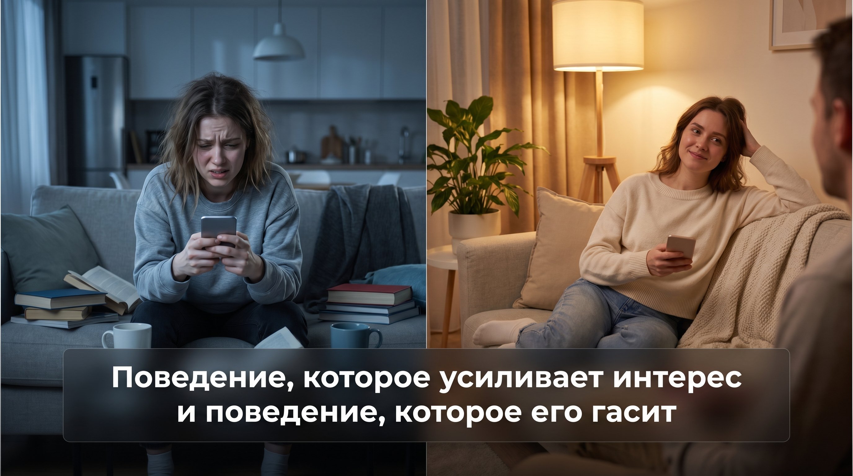 Две параллельные сцены, разделённые вертикально. Слева — девушка сидит на диване в полутёмной комнате, с напряжённым лицом судорожно печатает в телефон, вокруг на экране всплывают