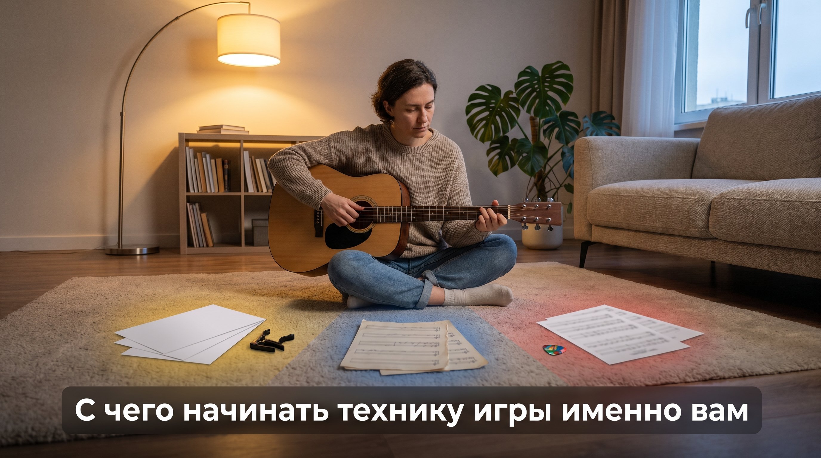 Современная уютная комната: новичок сидит с акустической гитарой на коленях, перед ним на полу разложены три визуально разные «дорожки» выбора. На одной стороне — несколько