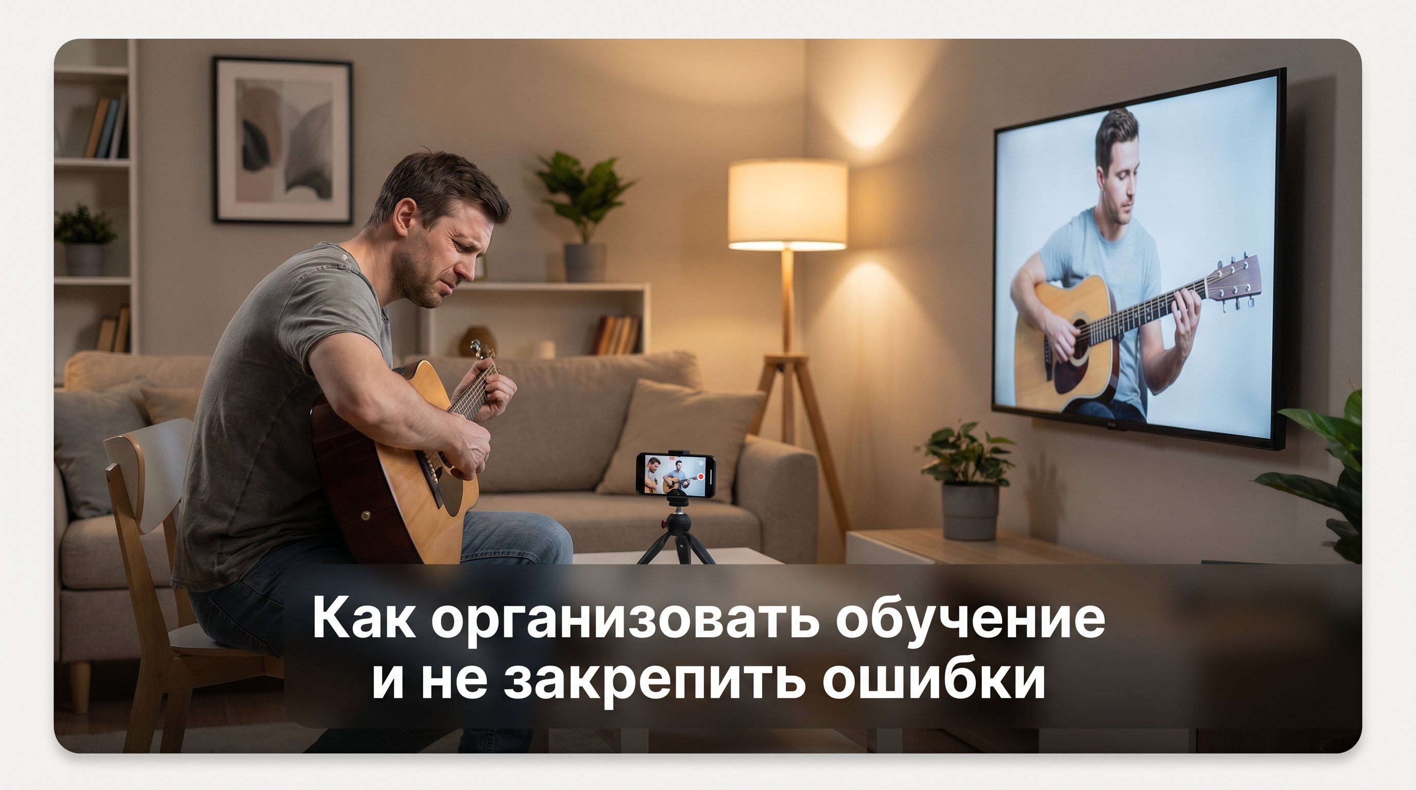 Комната взрослого ученика: слева он сидит на стуле с гитарой, сутулится, сильно зажимает гриф, пальцы напряжены, на лице усталость; рядом на штативе смартфон записывает видео