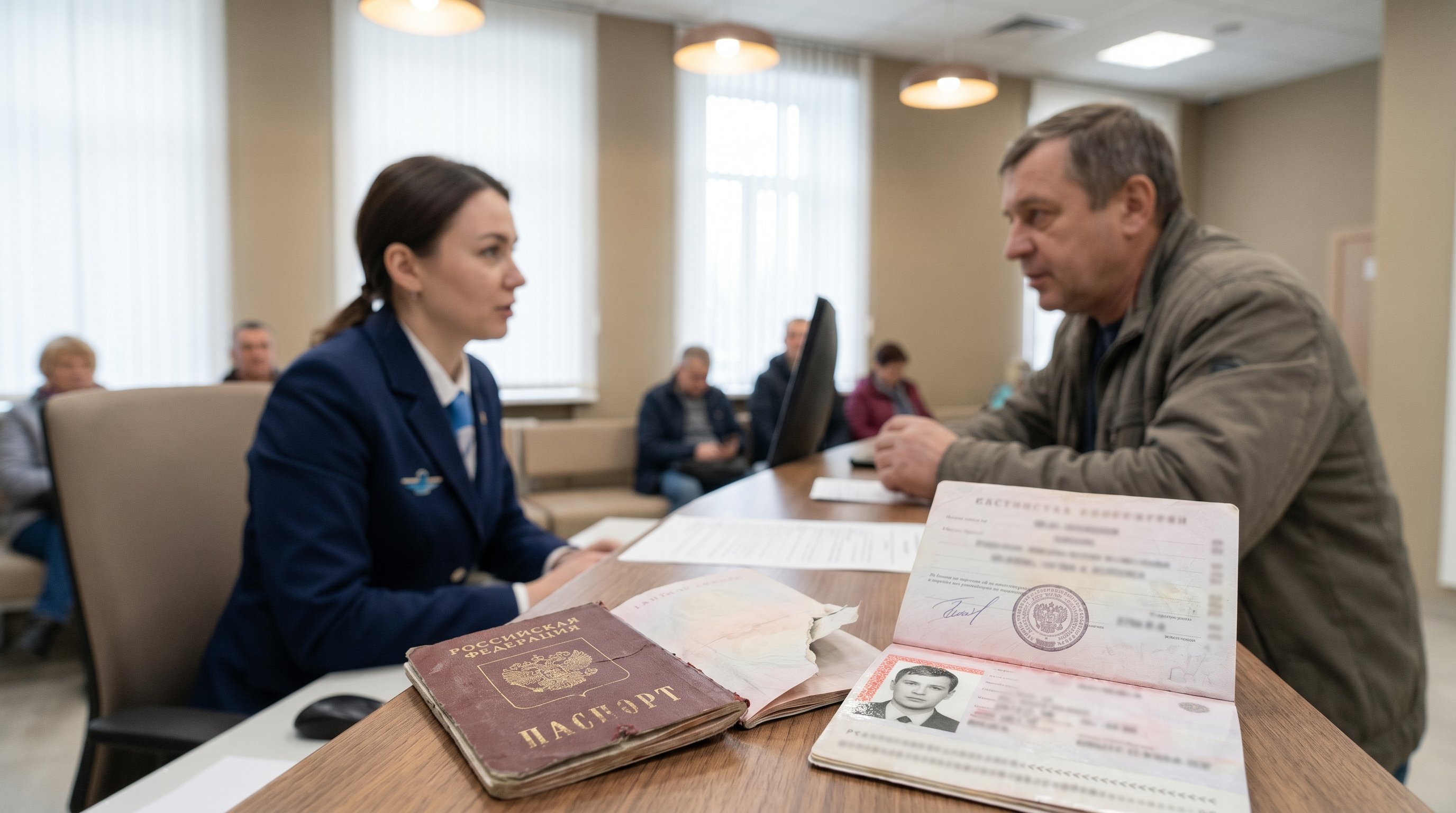 Интерьер МФЦ: спокойный зал, у стойки сидит сотрудник в форме и принимает гражданина среднего возраста. На столе разложены несколько российских паспортов в разных состояниях: один