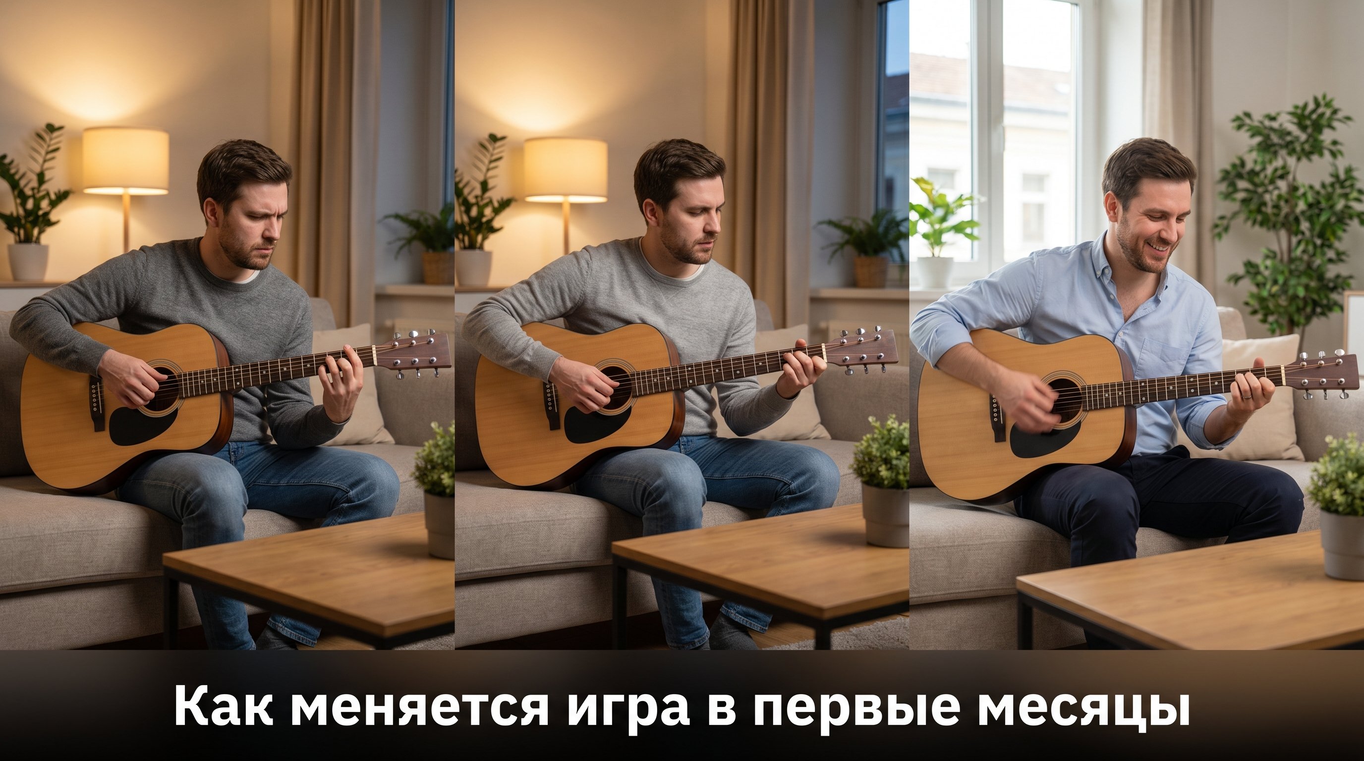 Последовательная сцена из трёх «кадров» с одним и тем же взрослым новичком-гитаристом в домашней обстановке. В левом кадре — первый месяц: человек сидит с акустической гитарой