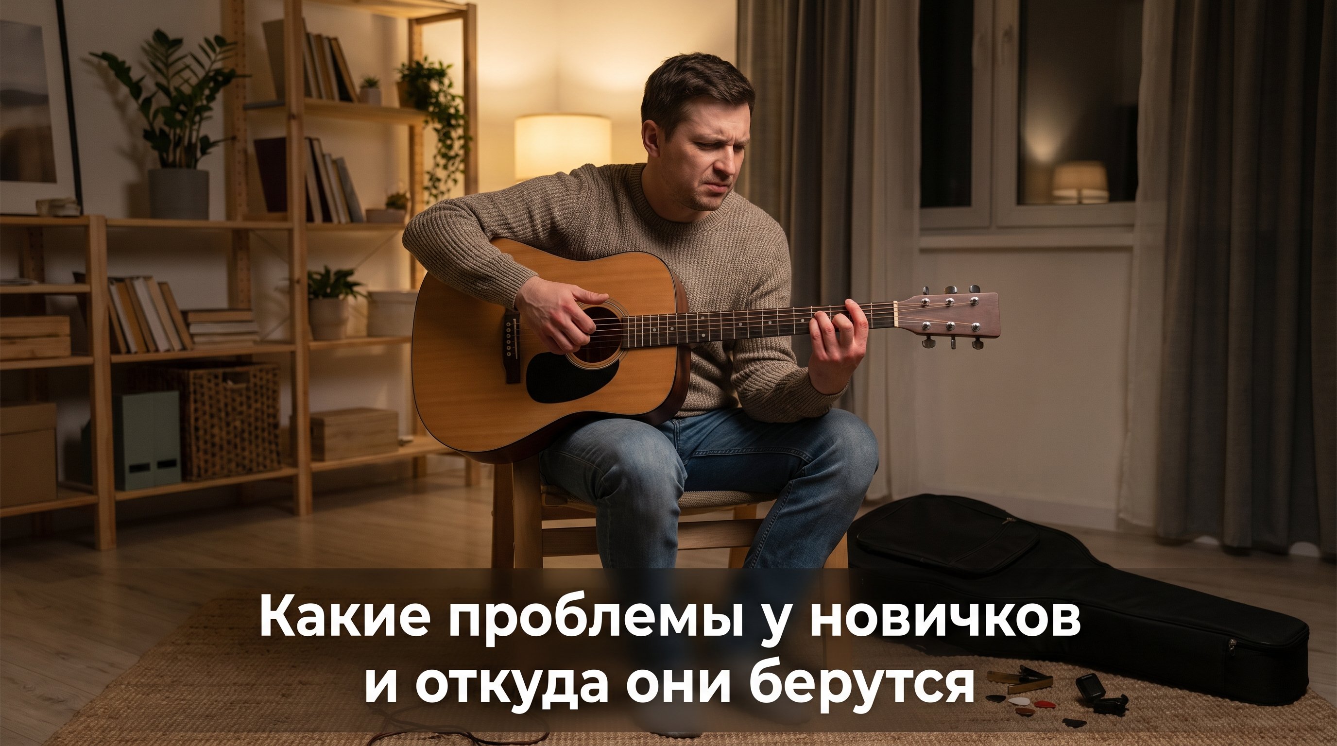 Вечер, уютная комната. Взрослый новичок сидит на стуле с акустической гитарой: лицо немного расстроенное и озадаченное. Левая рука неловко зажимает аккорд, пальцы напряжены и
