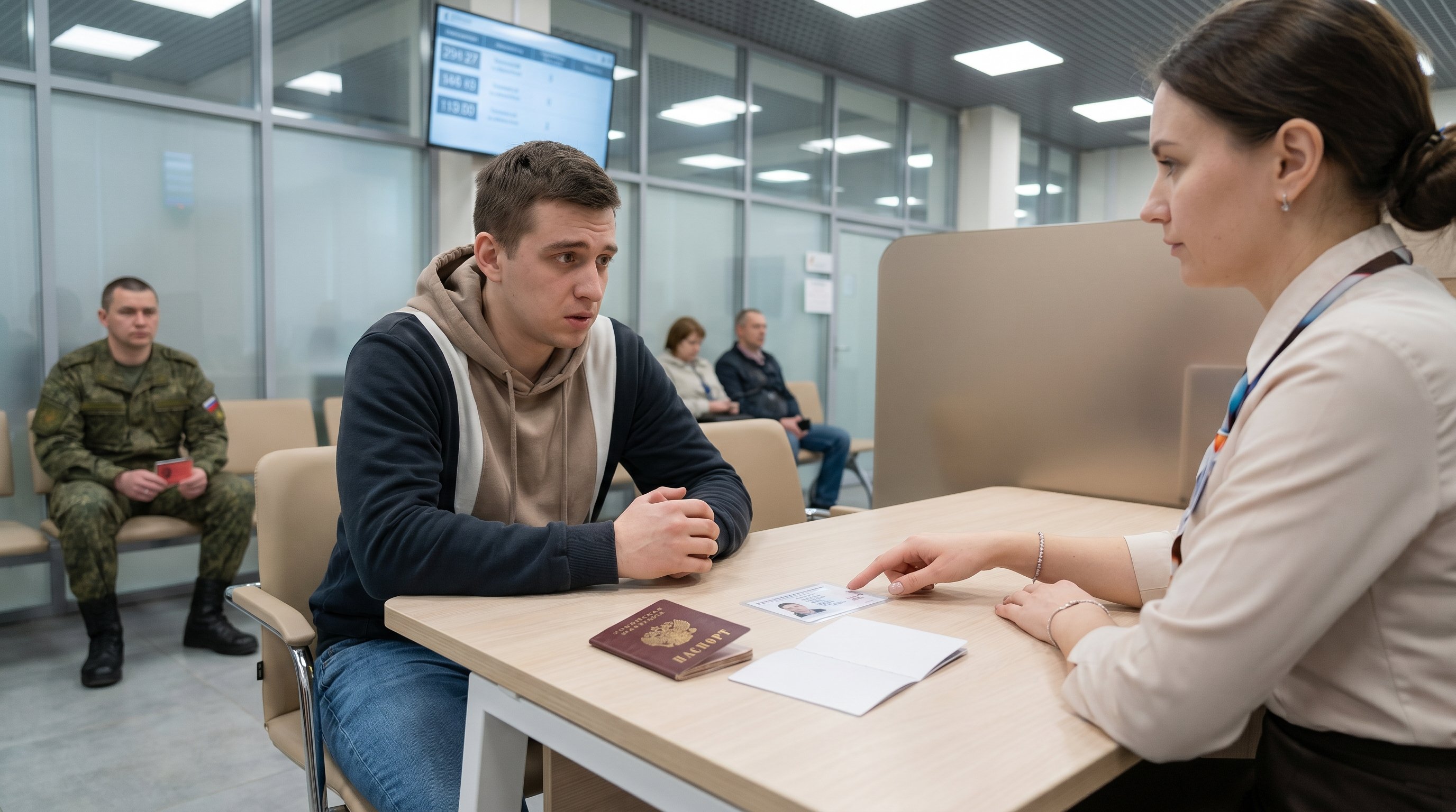 Молодой человек сидит за столом в условном МФЦ: на столе перед сотрудником лежит просроченный паспорт с заметно истёкшей датой, рядом — чистый бланк нового паспорта и временное
