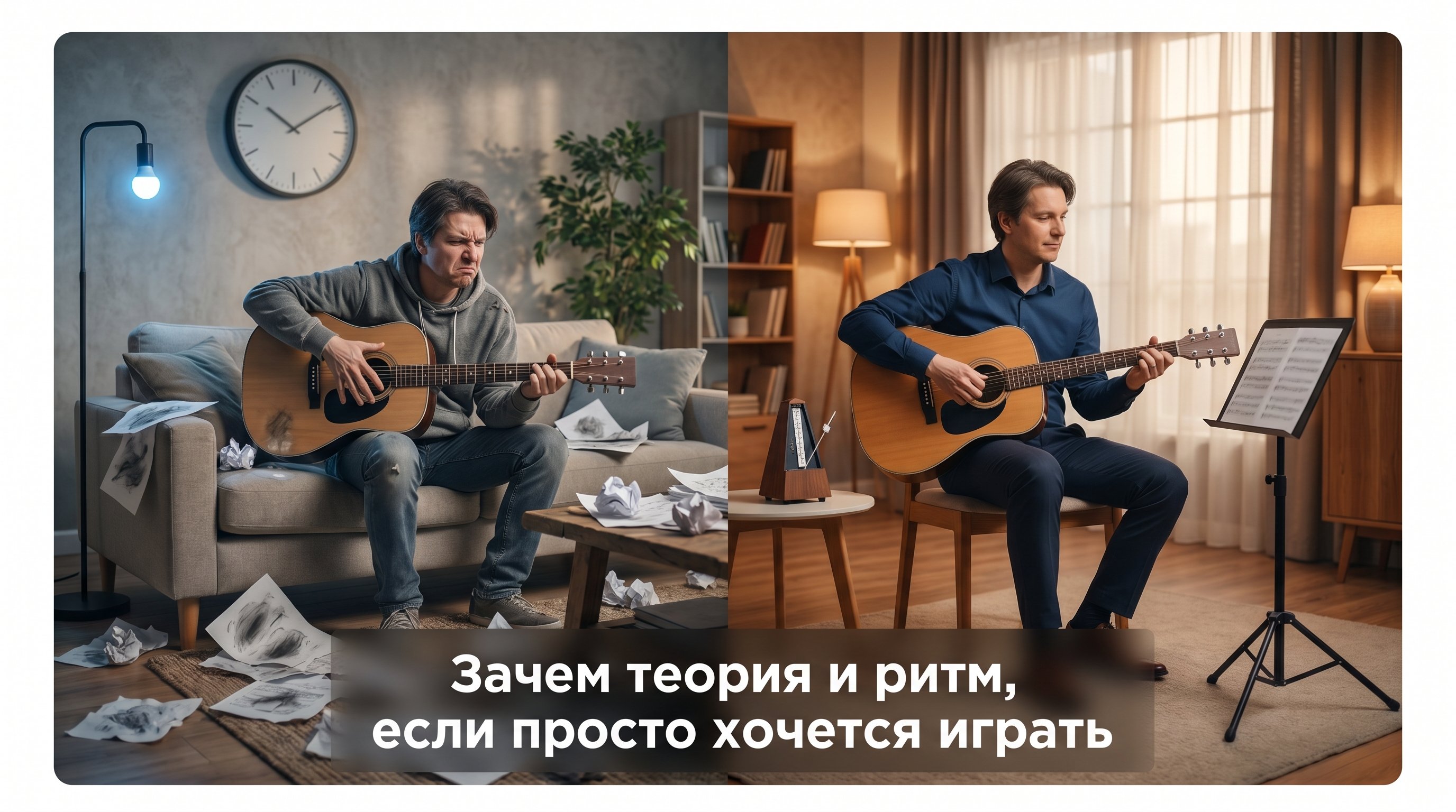 Две половины одной комнаты: слева взрослый человек с гитарой сидит перед разбросанными листками с аккордами, выглядит растерянным, рука сбивается на струнах, рядом тикающие часы