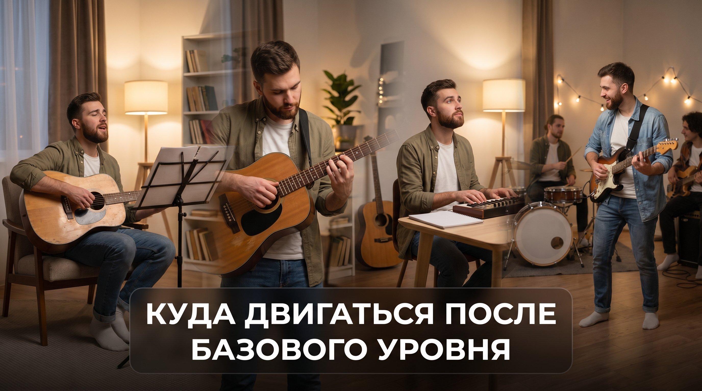 Комната для занятий музыкой: на переднем плане один и тот же молодой гитарист показан в четырех разных «ролях», как будто в легком мультиэкспозиционном коллаже. В левой части он