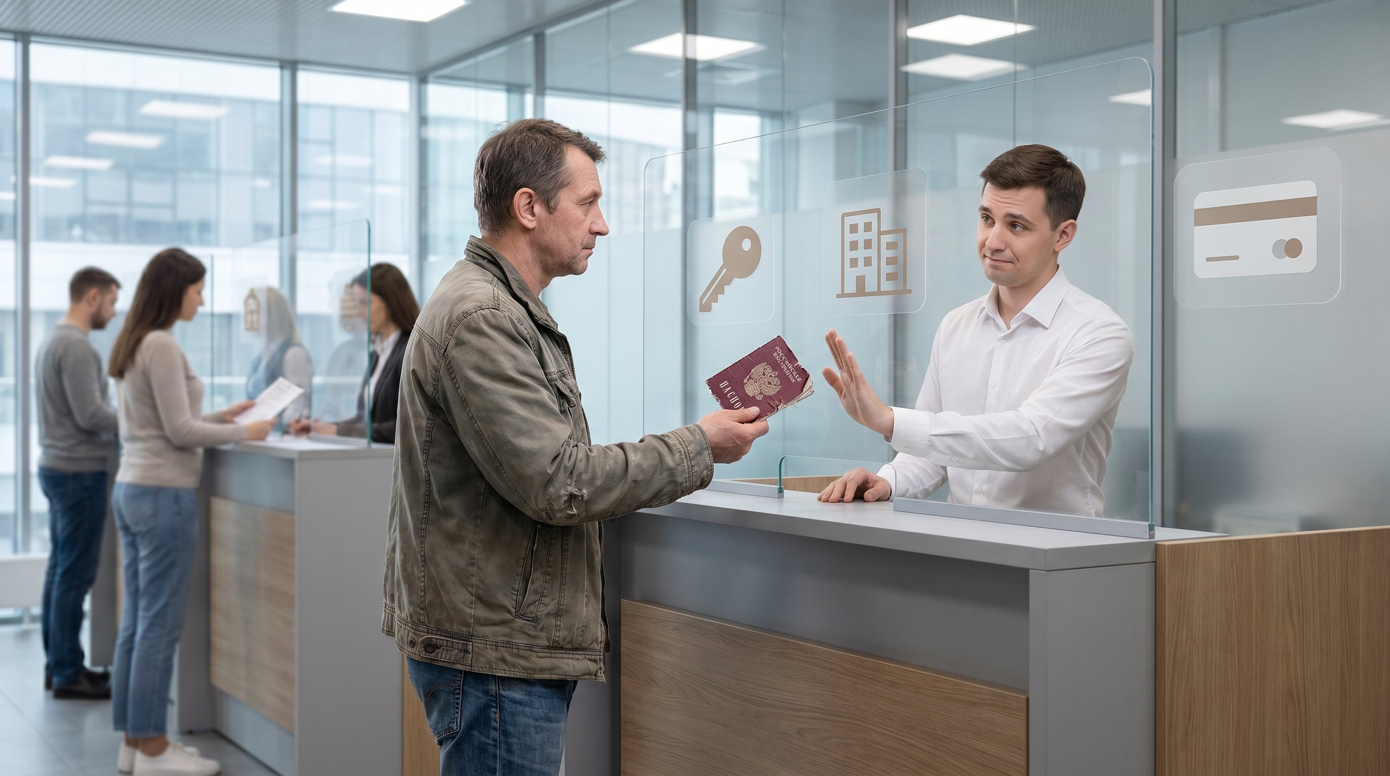 Мужчина средних лет стоит у стойки банка или МФЦ, протягивает сотруднику потрёпанный российский паспорт; на лице у сотрудника вежливое, но однозначное выражение отказа, он жестом