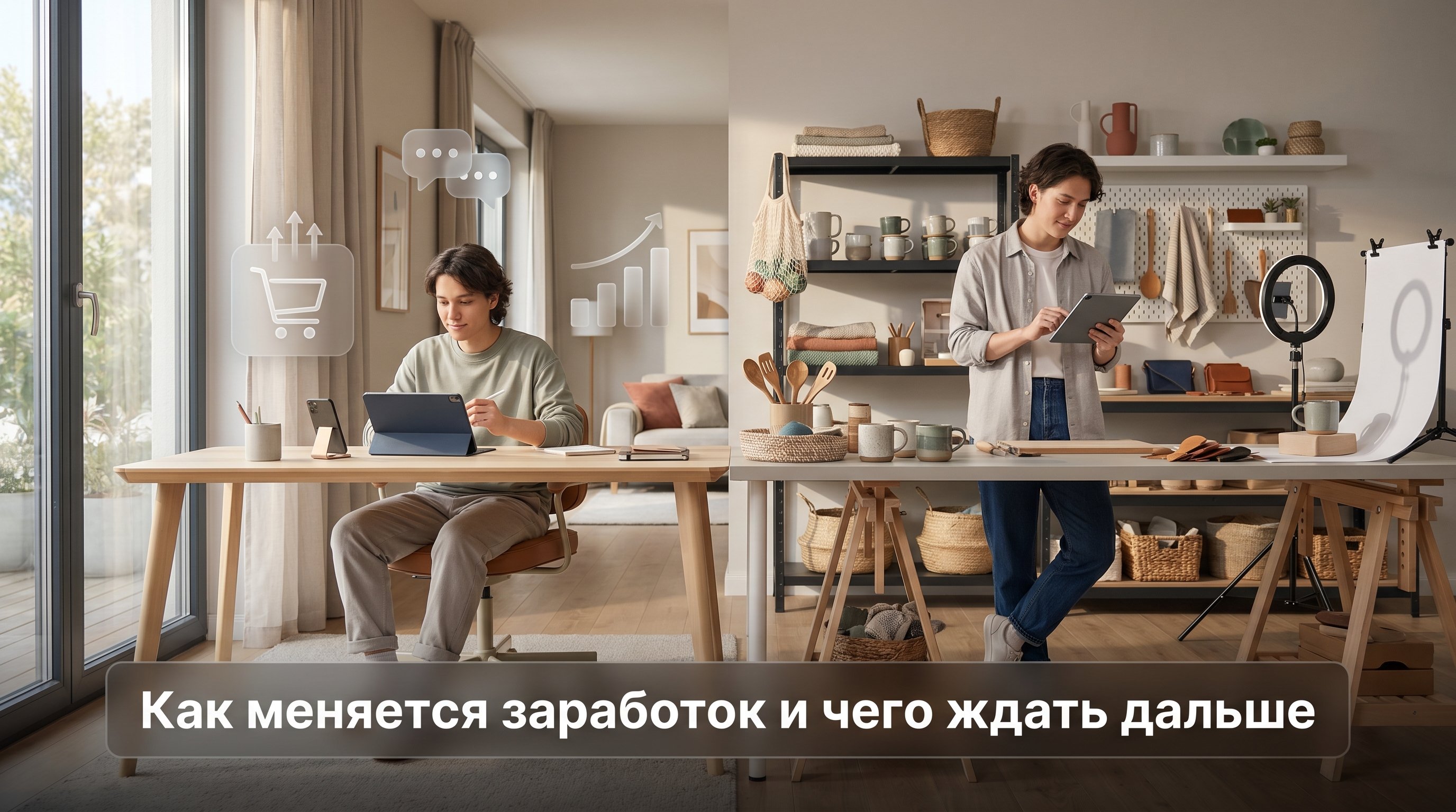 Современное рабочее пространство, разделённое на несколько зон в одном кадре: слева человек в домашней обстановке за ноутбуком, вокруг него иконки маркетплейса, чата и графиков