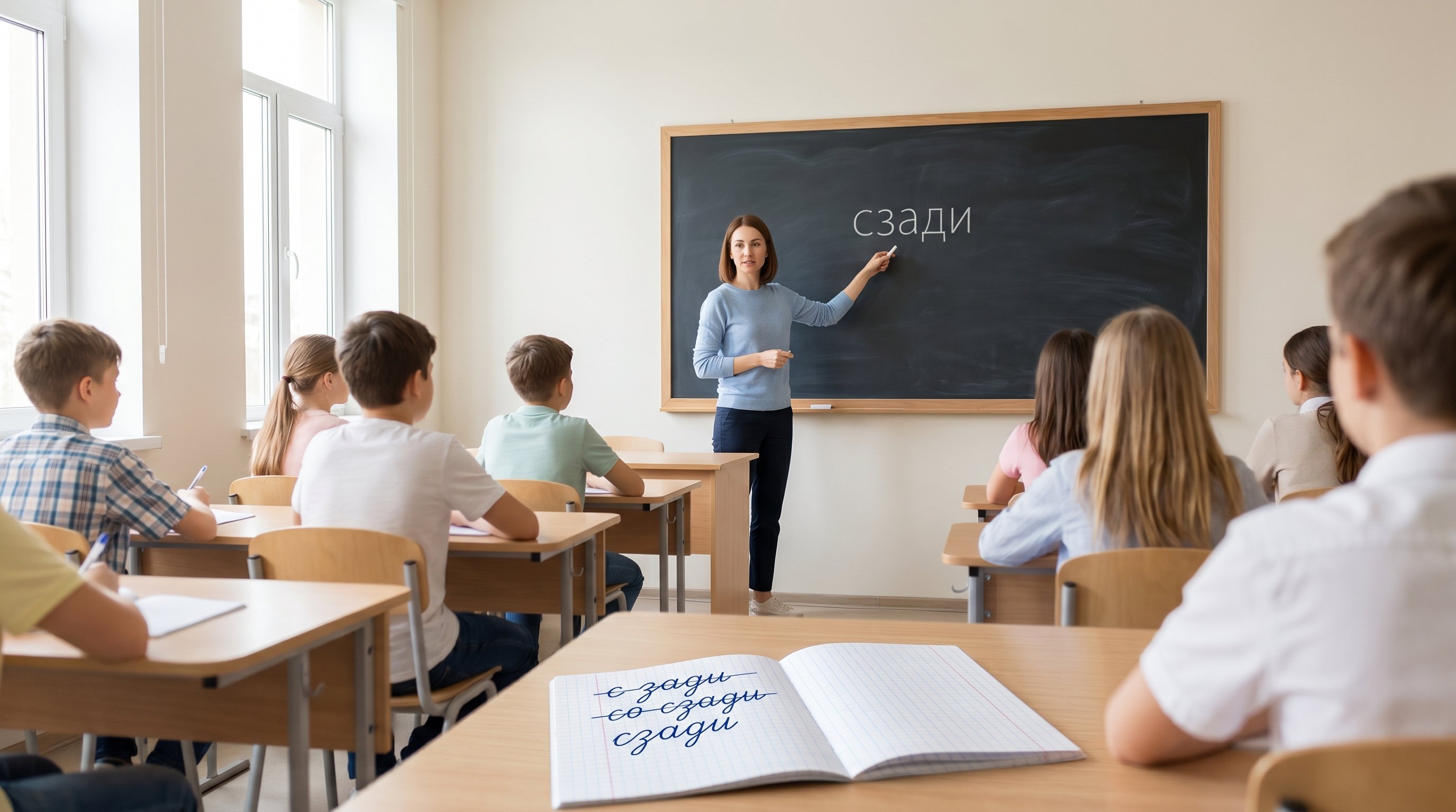 Современный светлый класс русского языка: учительница у доски показывает на крупно написанное слово «сзади», а перед ней сидят ученики. На их партах лежат открытые тетради, где