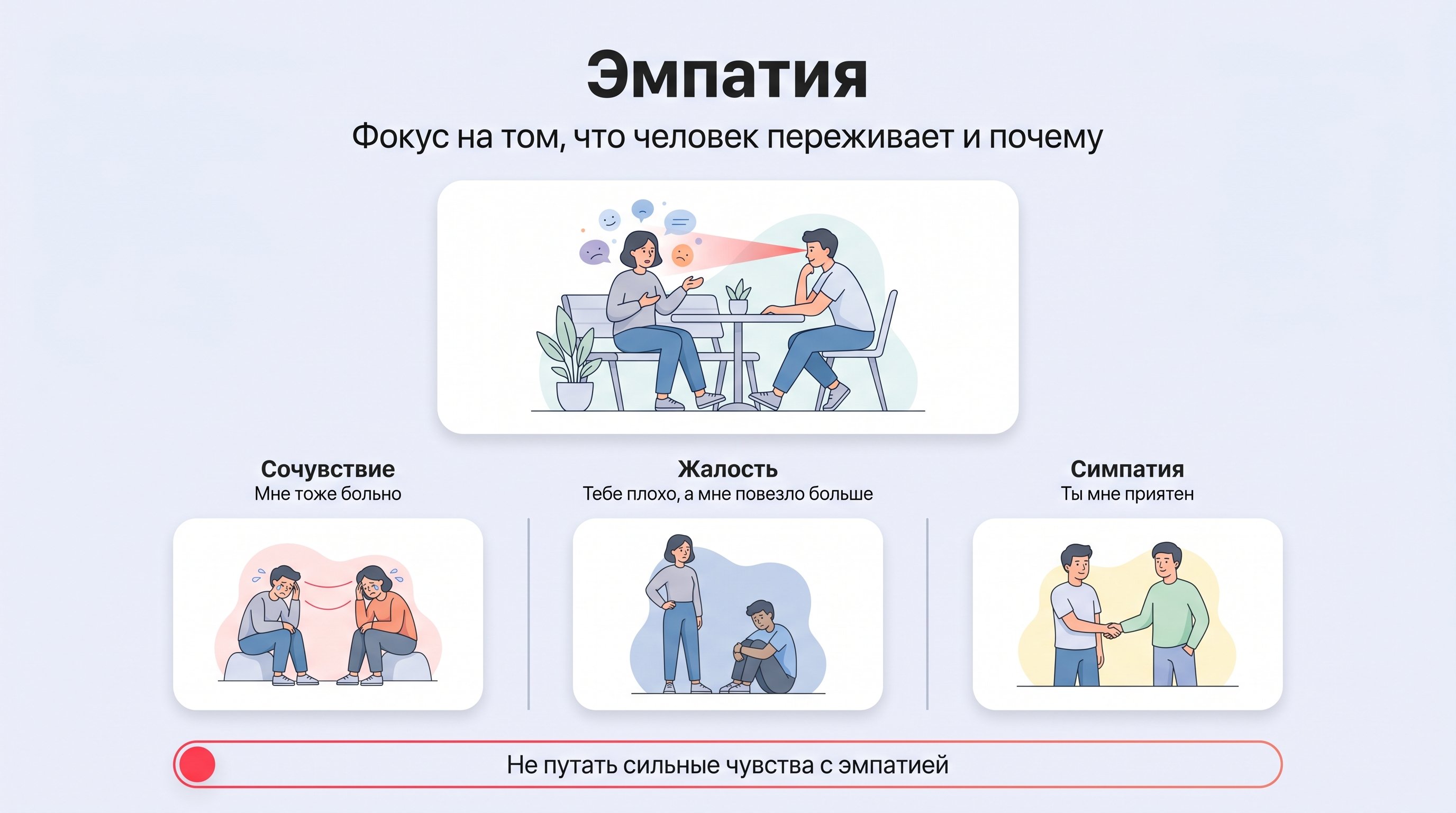 Четыре разных эпизода общения, плавно переходящие друг в друга по кругу. 1) Эмоциональная эмпатия: подросток рассказывает, сидя на диване, рядом взрослый слегка ссутулился к нему