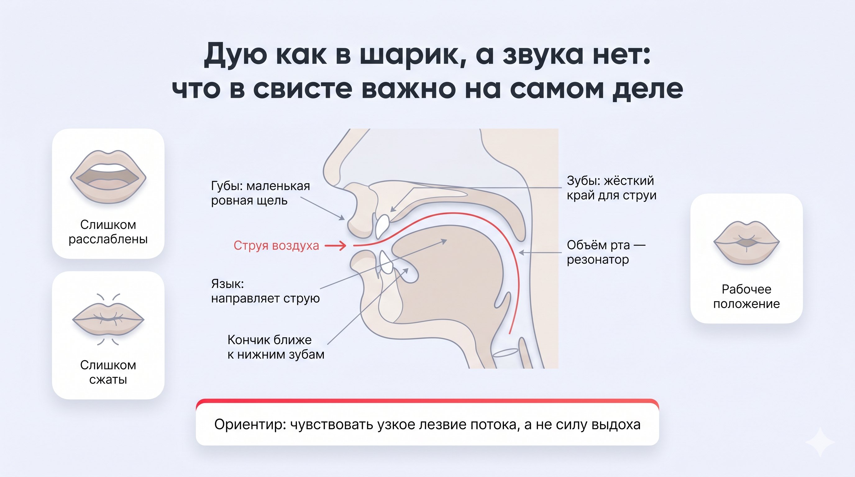 Крупный план лица человека, который учится свистеть: рот слегка приоткрыт, губы собраны в аккуратную узкую щель, щеки и подбородок расслаблены. Поток воздуха условно показан
