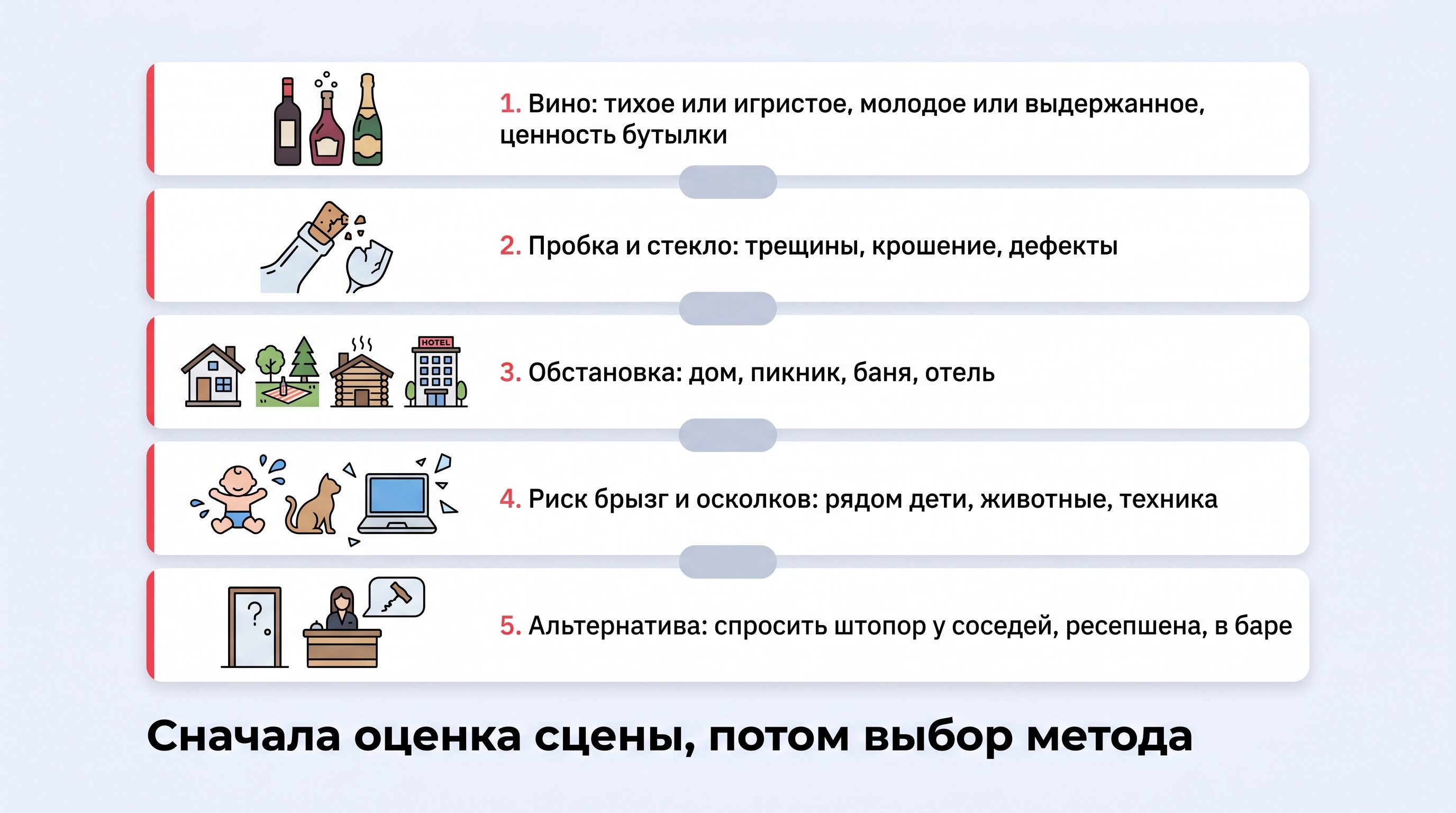 Спокойная современная сцена: на столе лежат три разные бутылки вина и несколько подручных «инструментов». Слева — простая легкая бутылка недорогого красного с уже слегка