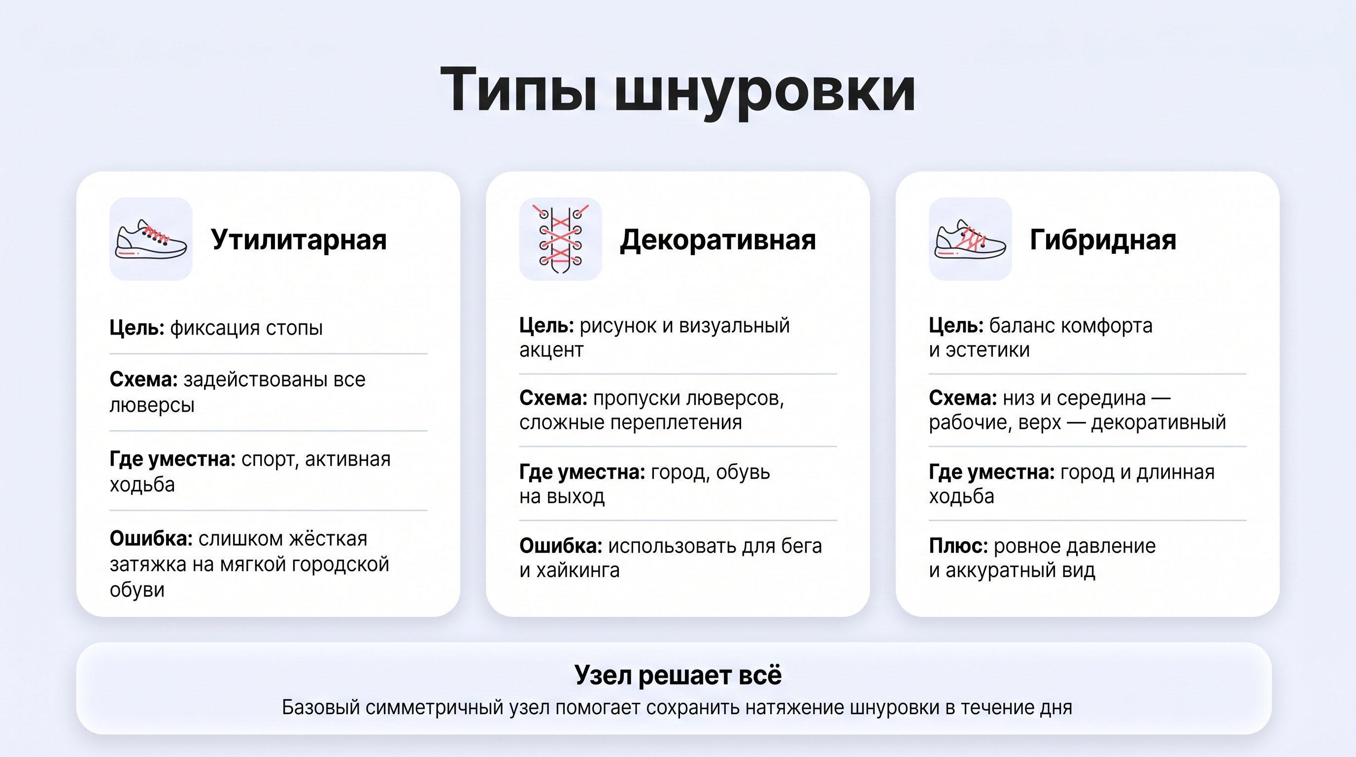 Чистая инфографика в виде трёх столбцов с заголовками «Утилитарная», «Декоративная» и «Гибридная шнуровка». В каждом столбце по кратким пунктам: цели, где уместна, типичные