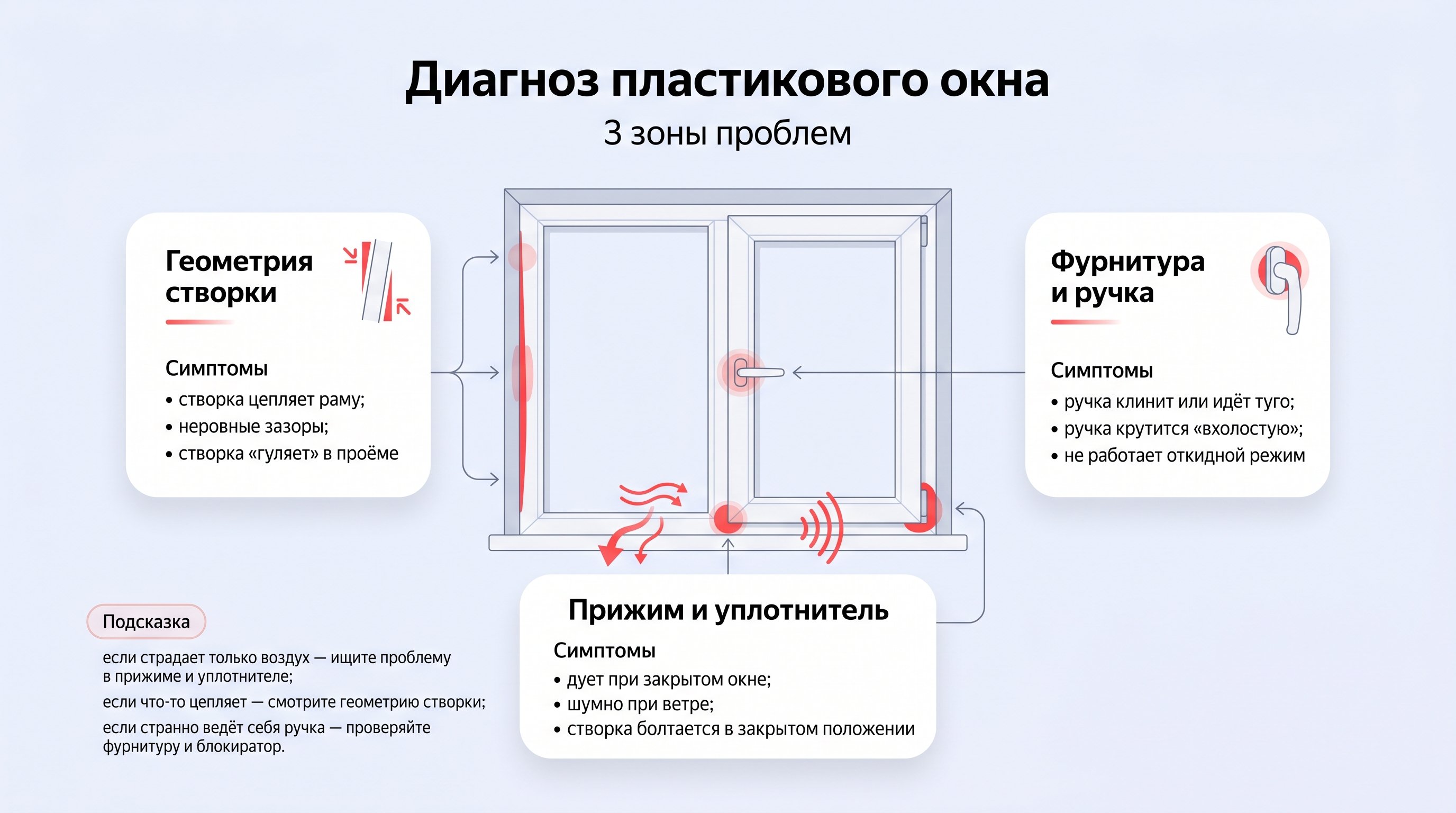 Интерьер комнаты в холодное время года, человек в свитере стоит вплотную к закрытому пластиковому окну и ладонью проверяет, откуда дует: одна рука у ручки створки, другая — вдоль