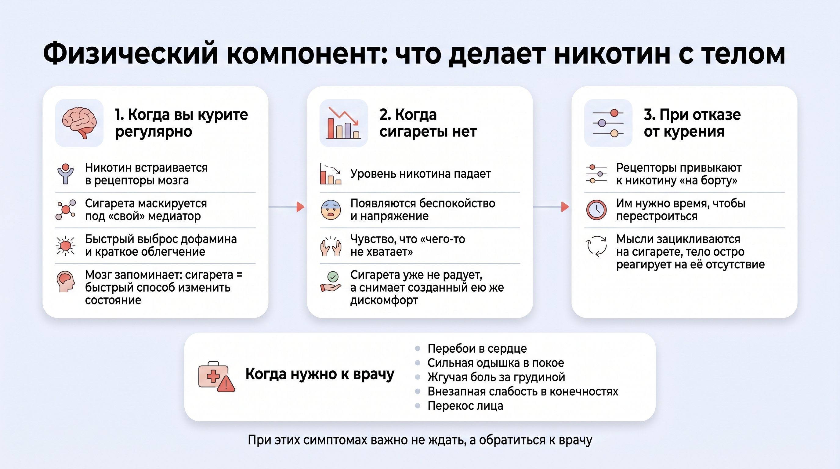 Вертикальная инфографика о физическом компоненте никотиновой зависимости, разделённая на три логических блока: «Как работает с сигаретой», «Что происходит без сигареты», «Когда
