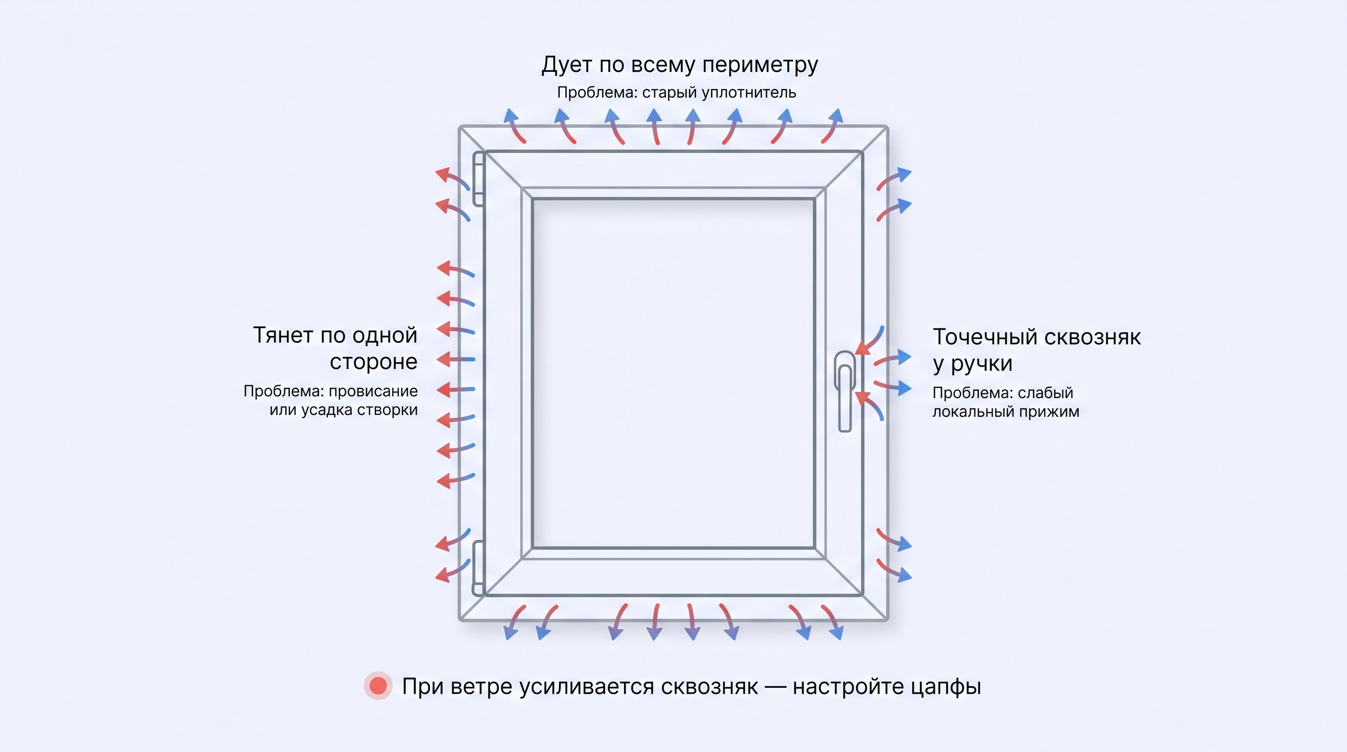 Плоская схема‑памятка: в центре условное изображение пластикового окна, вокруг которого размещены три основные зоны проблемы и связанные с ними симптомы. Чёткая, минималистичная