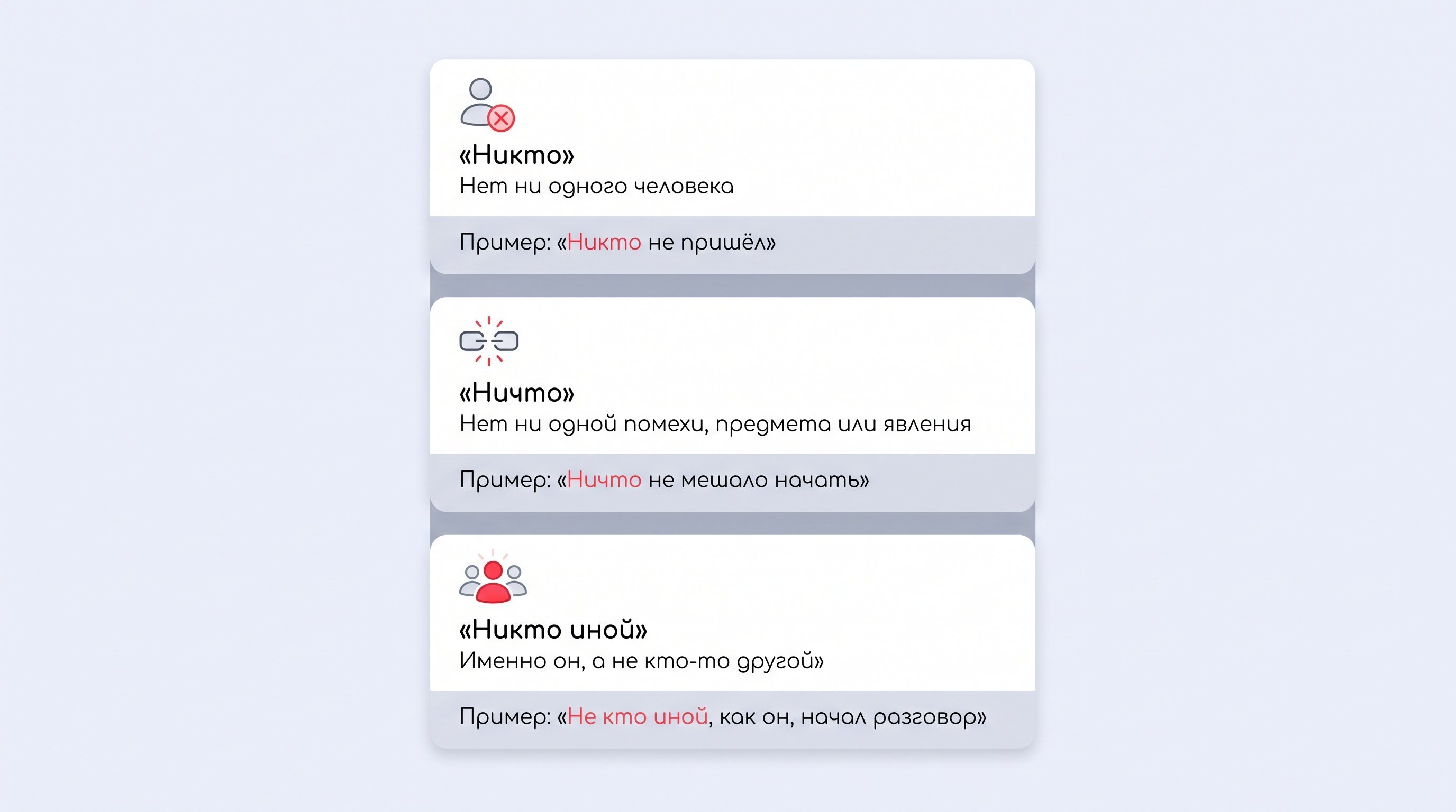 Горизонтально разделённый на две половины блок-сравнение: слева колонка для «никто», справа для «некто». В каждой колонке по три коротких пункта с примерами и подсказкой по