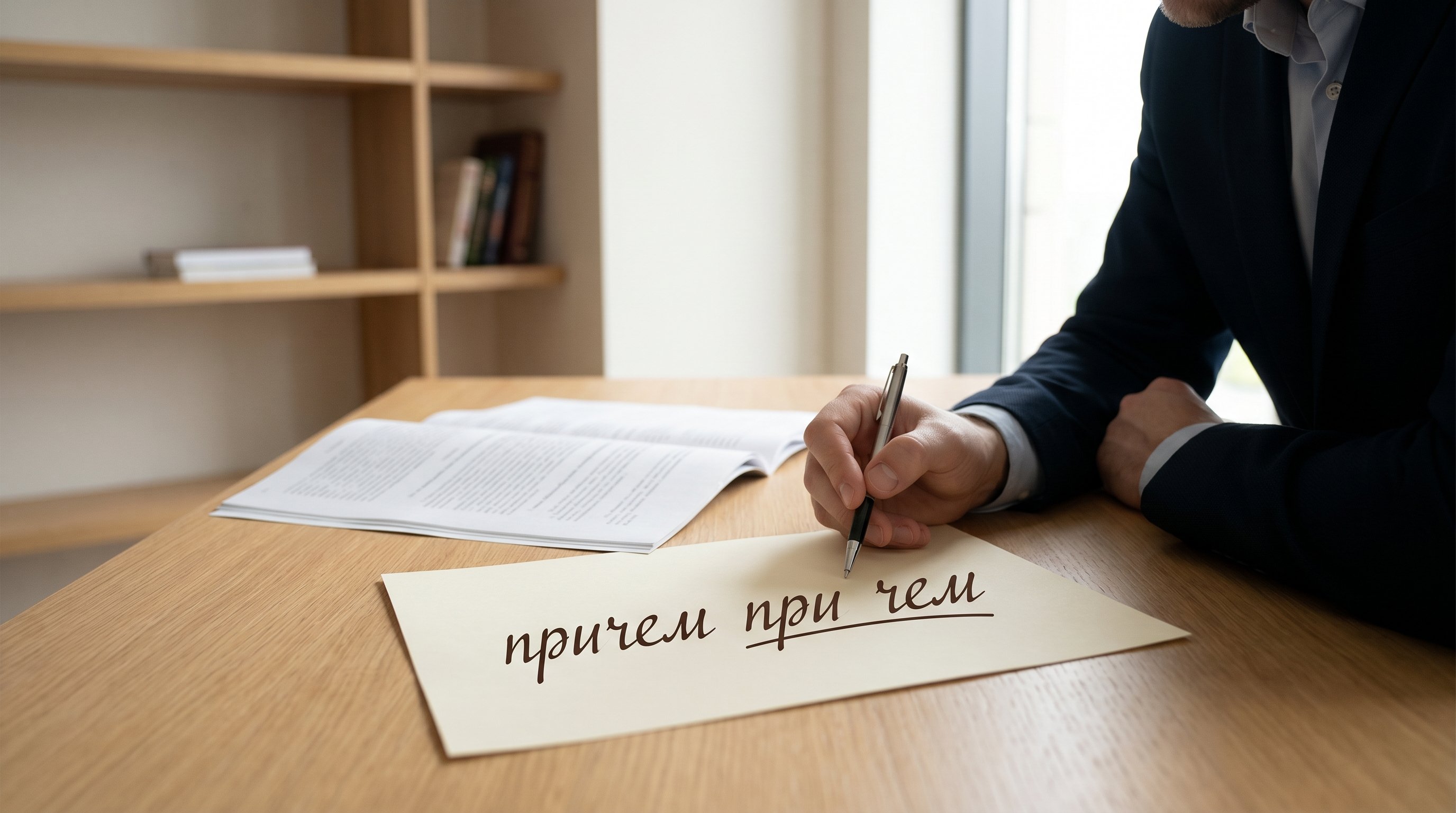 Небольшой современный кабинет: слева стол делового человека с открытым договором и листом бумаги, где крупно видна строка с двумя вариантами, написанными от руки: один вариант