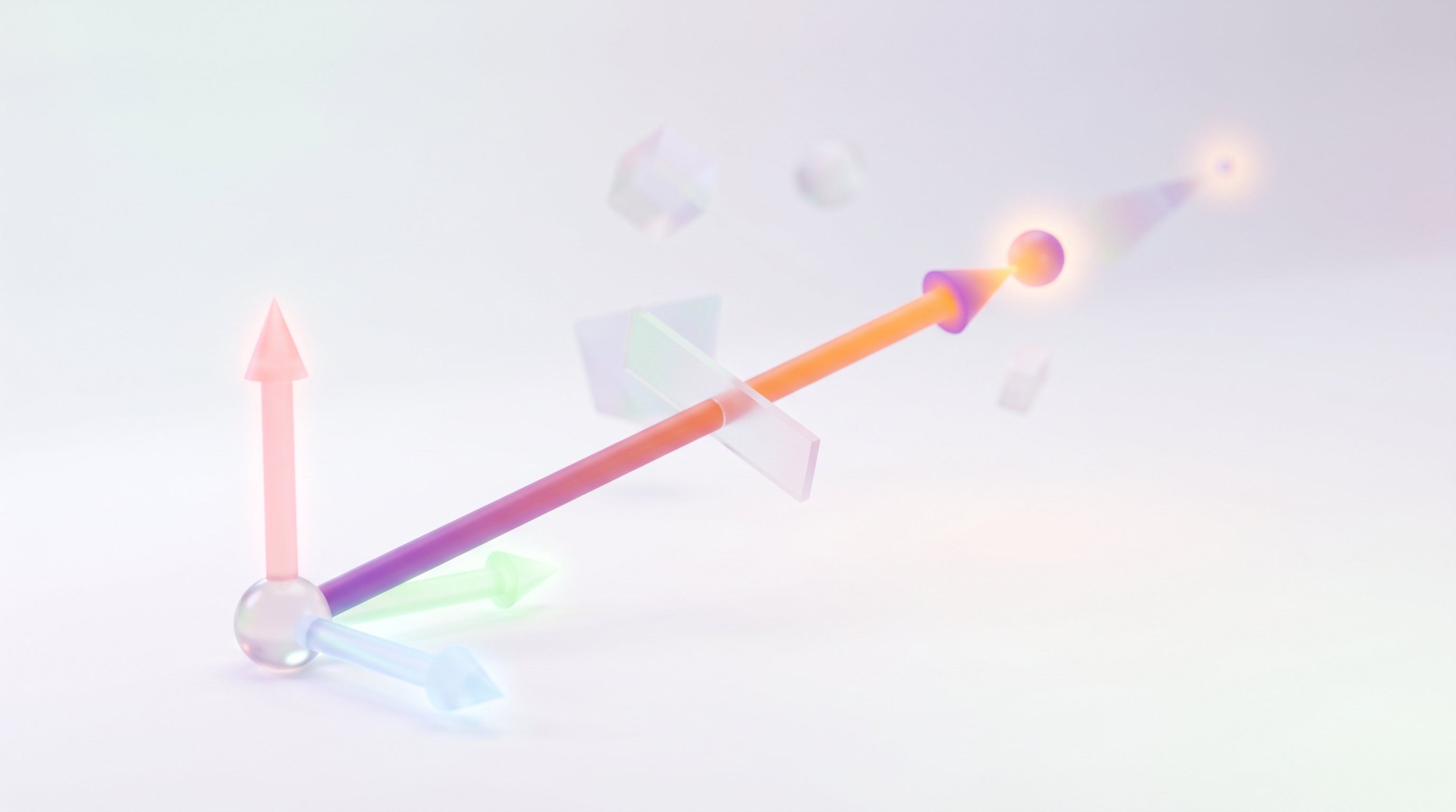 Чистый светлый 3D-пространственный кадр: из одной точки-«нуля» в левом нижнем углу исходят три полупрозрачные стрелки разных цветов вдоль координатных осей, а поверх них ярко