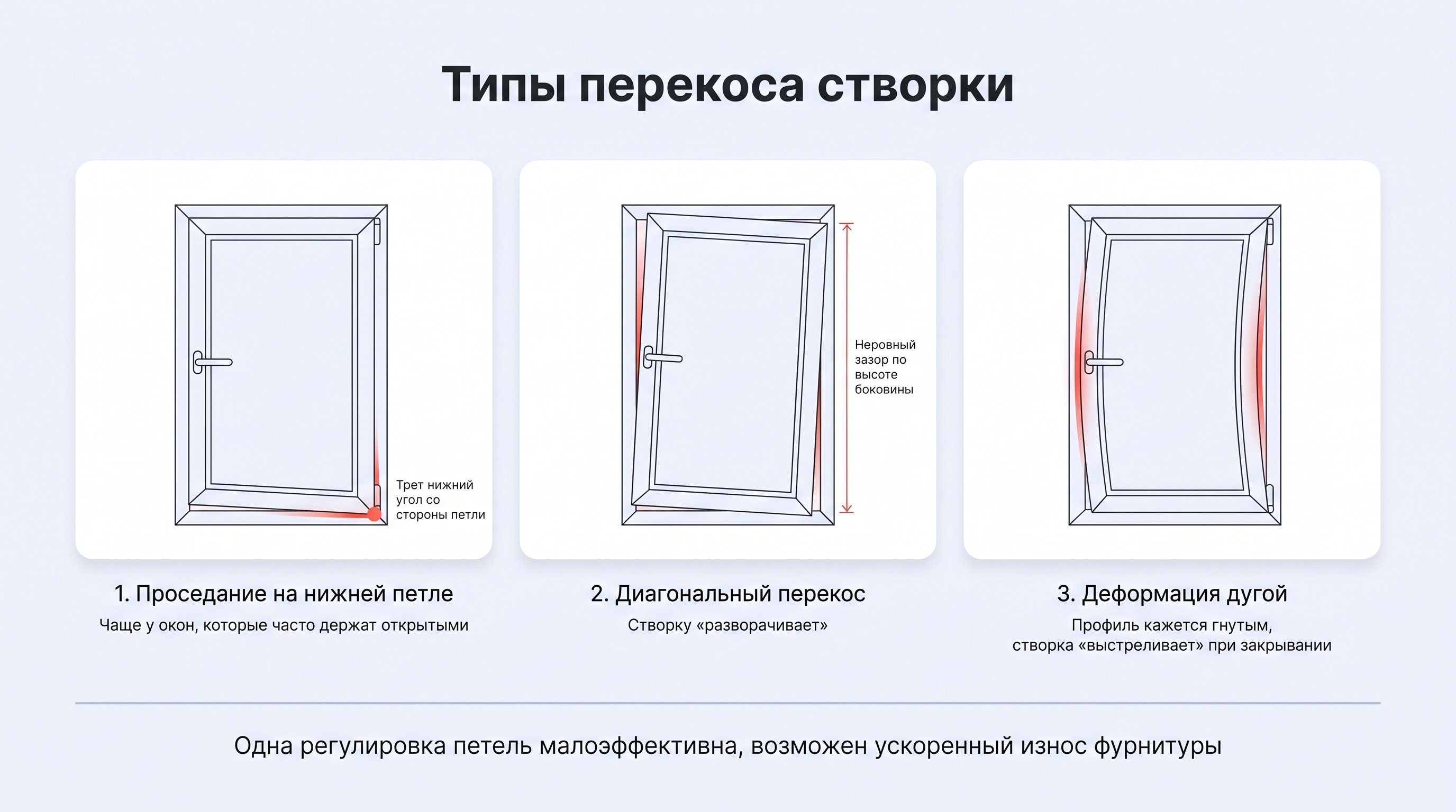 Схематичный вид пластикового окна сверху и сбоку: простые контуры рамы и створки. Показаны три типичных варианта перекоса с цветными стрелками и подписями: проседание створки на