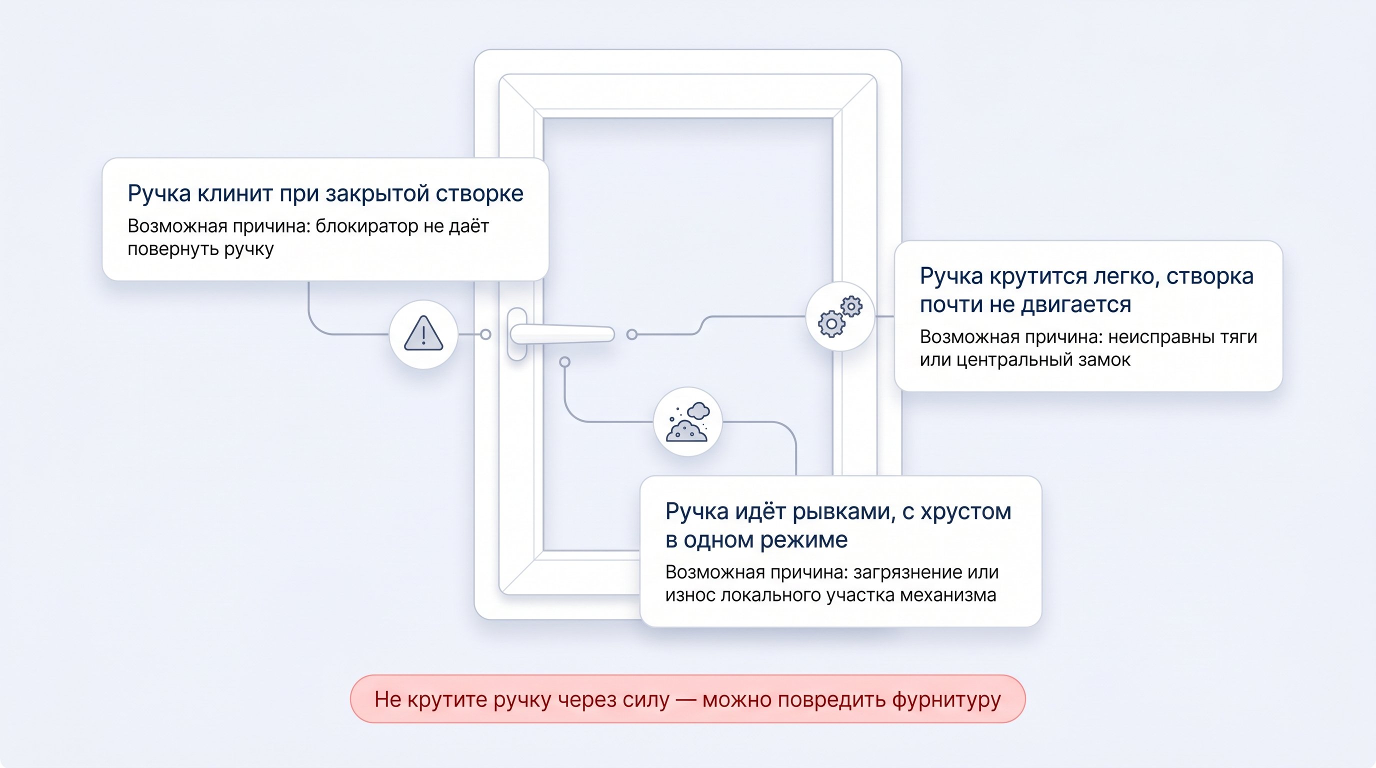 Схематичный вид пластикового окна и его фурнитуры в разрезе: прямоугольная створка с ручкой сбоку, внутри профиля показаны условные тяги и центральный замок, а сбоку вынесены три